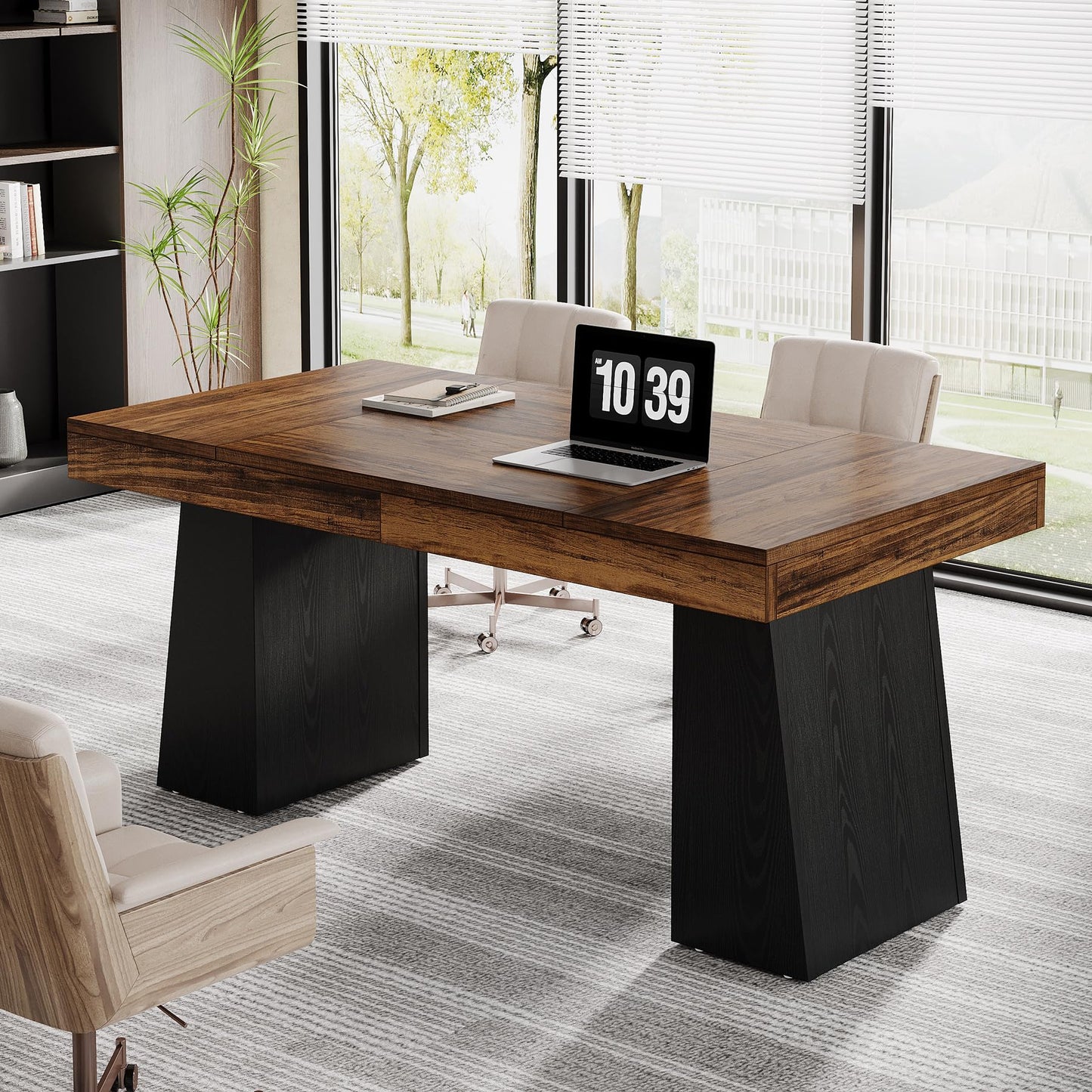 Tribesigns 55 Inches Executive Desk, Mid-Century Modern Home Office Desk, Wood MDF Computer Table Business Workstation Small Conference Table, Light Brown