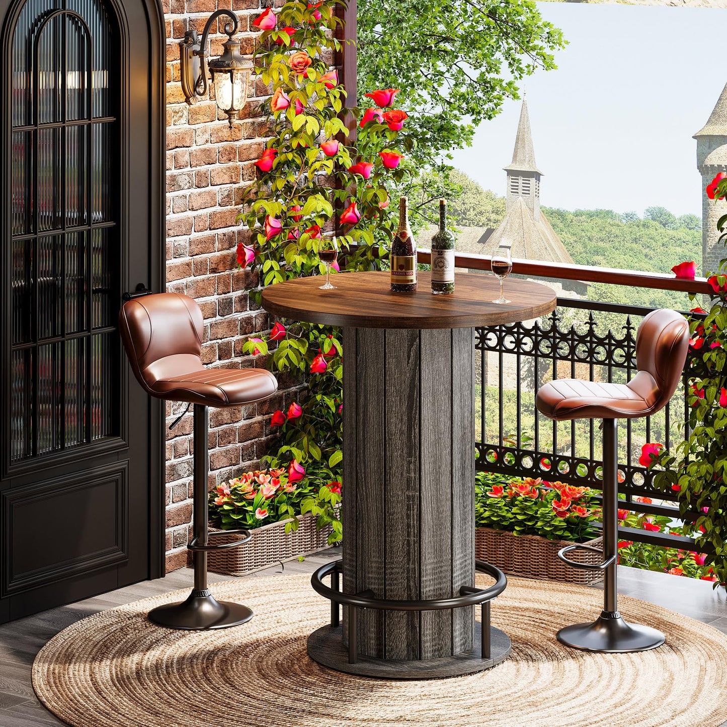 Tribesigns Round Bar Table, 39.4" H Wood Bistro Pub Table with Metal Ring Footrest for Dining Coffee Cocktail Living Room, Small Space, Black (Only Table)