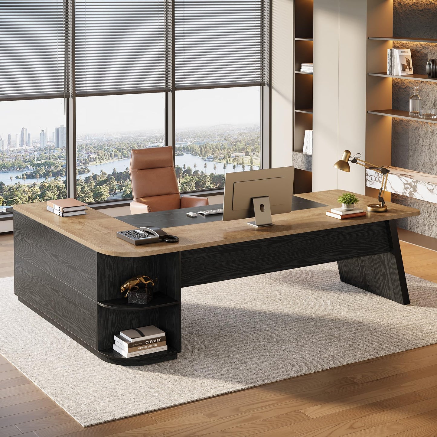 Tribesigns 79-Inch Executive Desk, Large Office Desk with Cabinet, L-Shaped Compter Desk with Storage Shelves, Writing Table for Home Office, Brown and Black