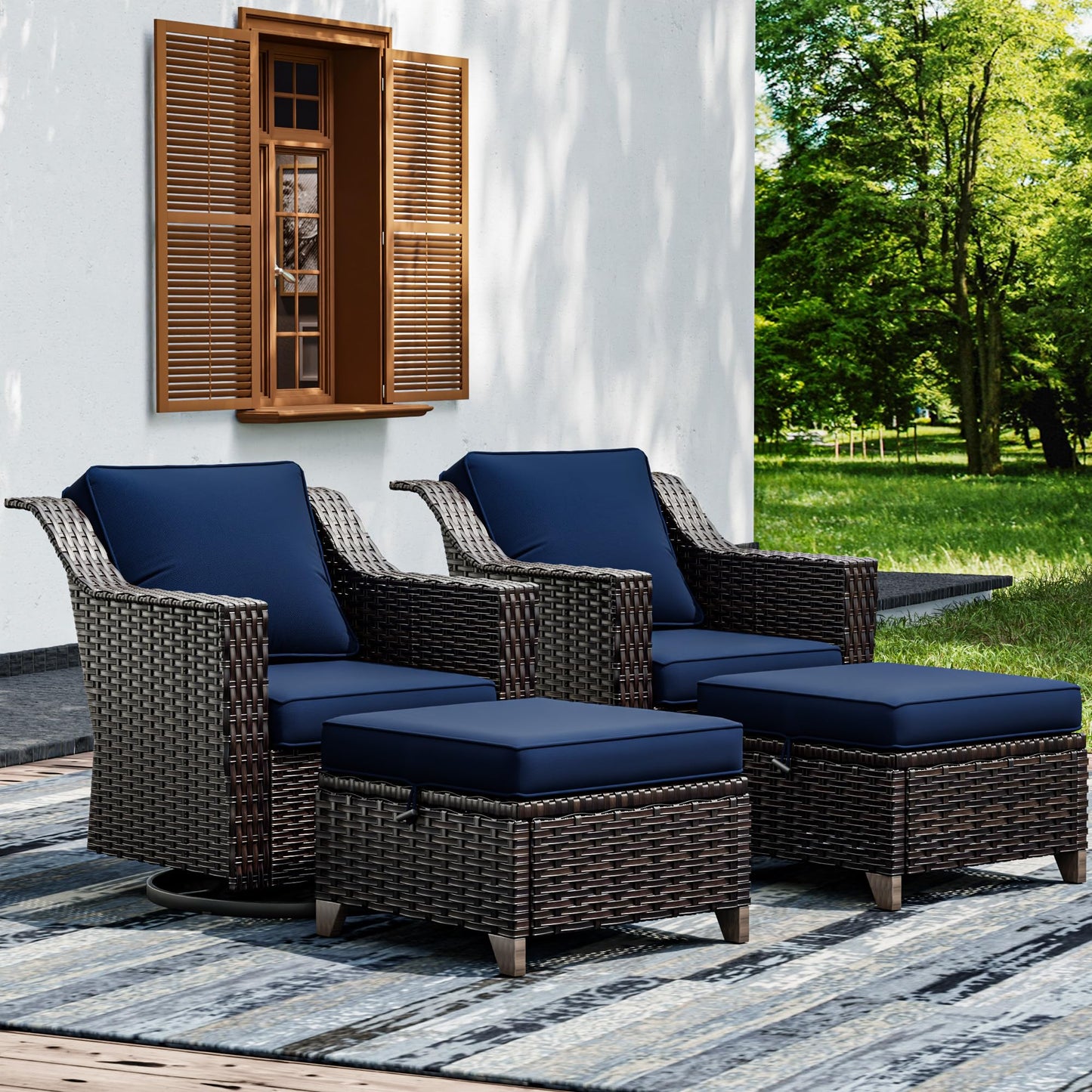 Joyside Patio Sofa - 3 Seater Rattan Sofa, All Weather High Back Sofa, Upgraded Large Size with 4inch Seat Cushions for Backyard, Garden, Poolside (Brown/Blue)