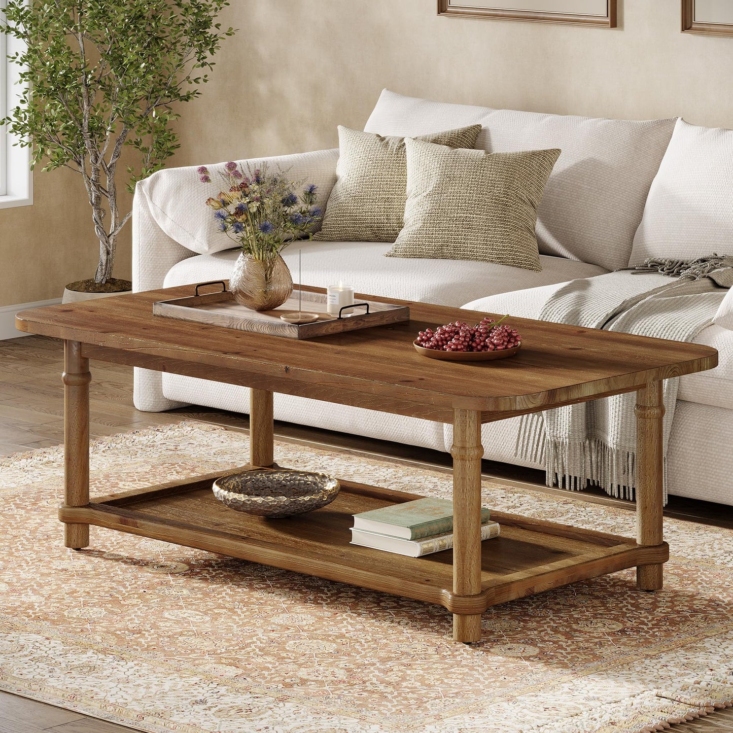 47" Rectangle Coffee Table, Solid Wood Center Table with 2-Tier Storage, Modern Farmhouse Coffee Furniture for Living Room, Home & Family Room, Light Brown