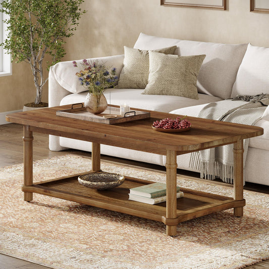 47" Rectangle Coffee Table, Solid Wood Center Table with 2-Tier Storage, Modern Farmhouse Coffee Furniture for Living Room, Home & Family Room, Light Brown