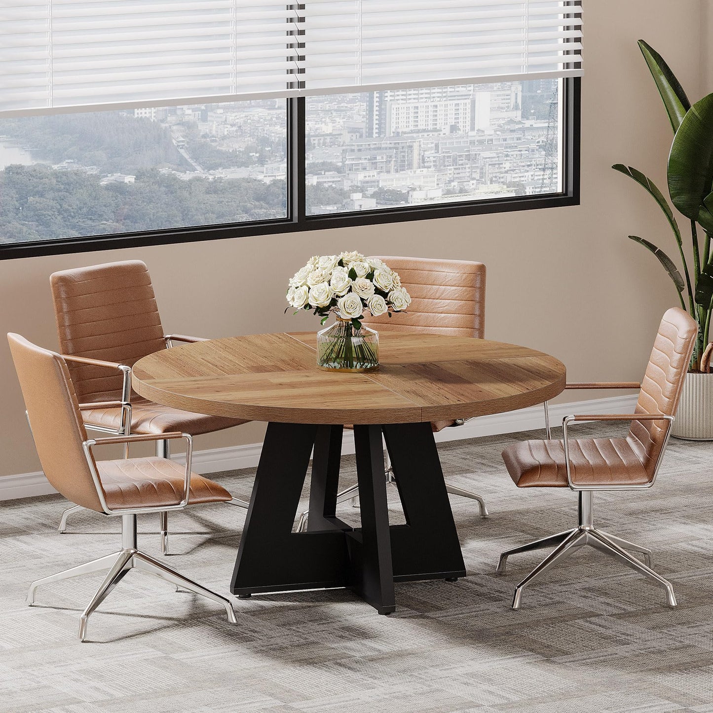 Tribesigns 47-Inch Round Conference Table for 4-6 People, Wooden Meeting Room Table with Thicken Tabletop and Wood Base (Grey)