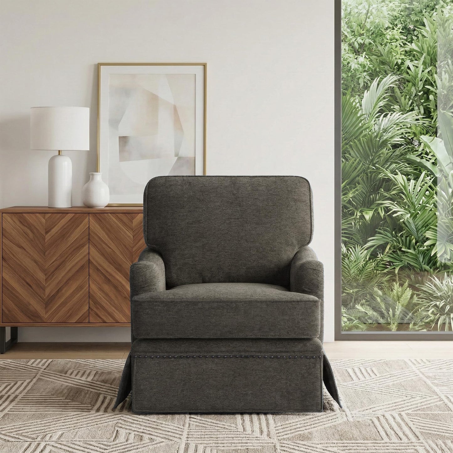 Swivel Accent Chair, 360° Swivel Upholstered Armchairs with Curved Arms, Comfy Chenille Fabric Lounge Reading Chairs for Living Room Bedroom Study, Metal Swivel Base, Tan