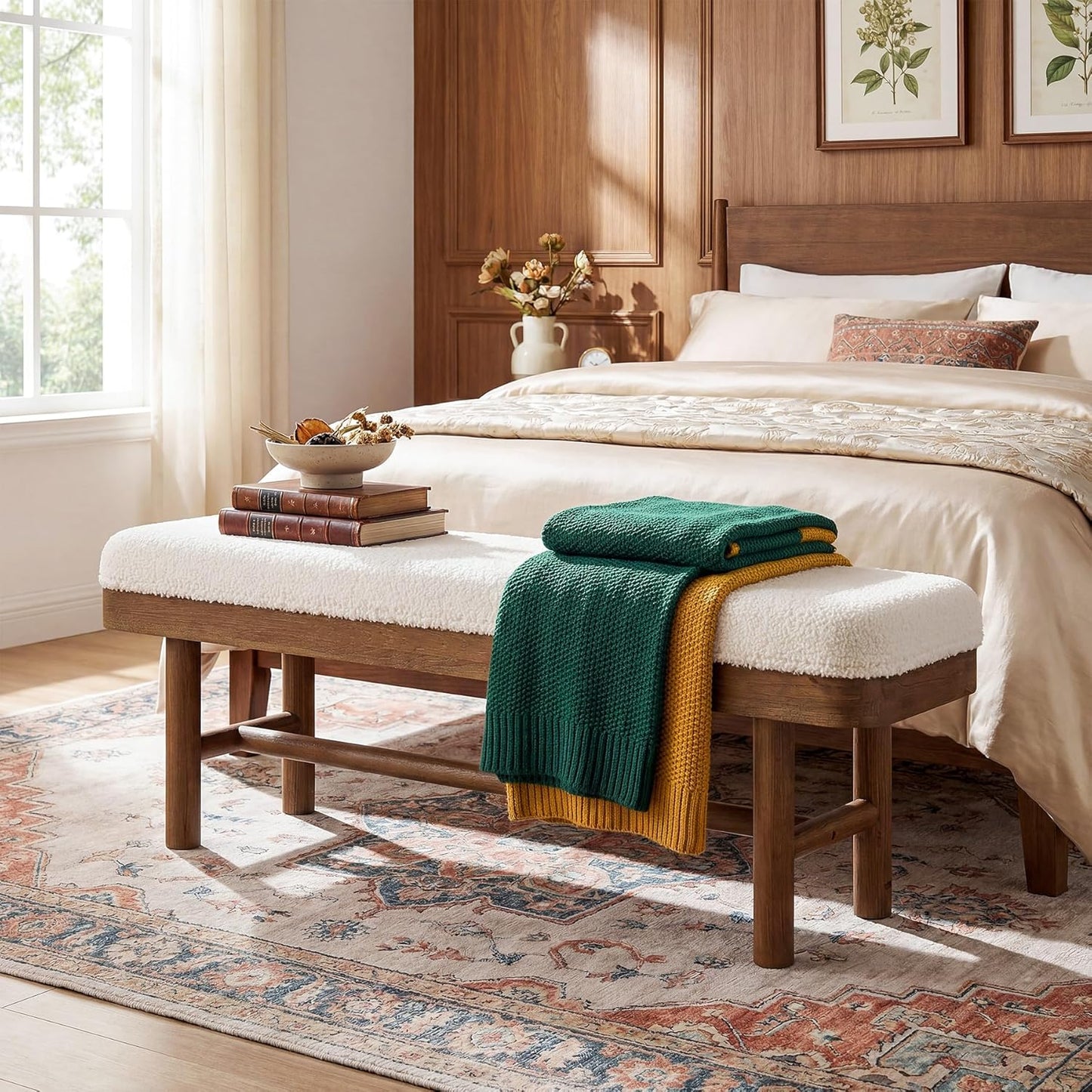 55" Upholstered Bedroom Bench, Solid Wood End of Bed Bench, Modern Indoor Bench with Cushion for Bedroom, Living Room, White & Brown
