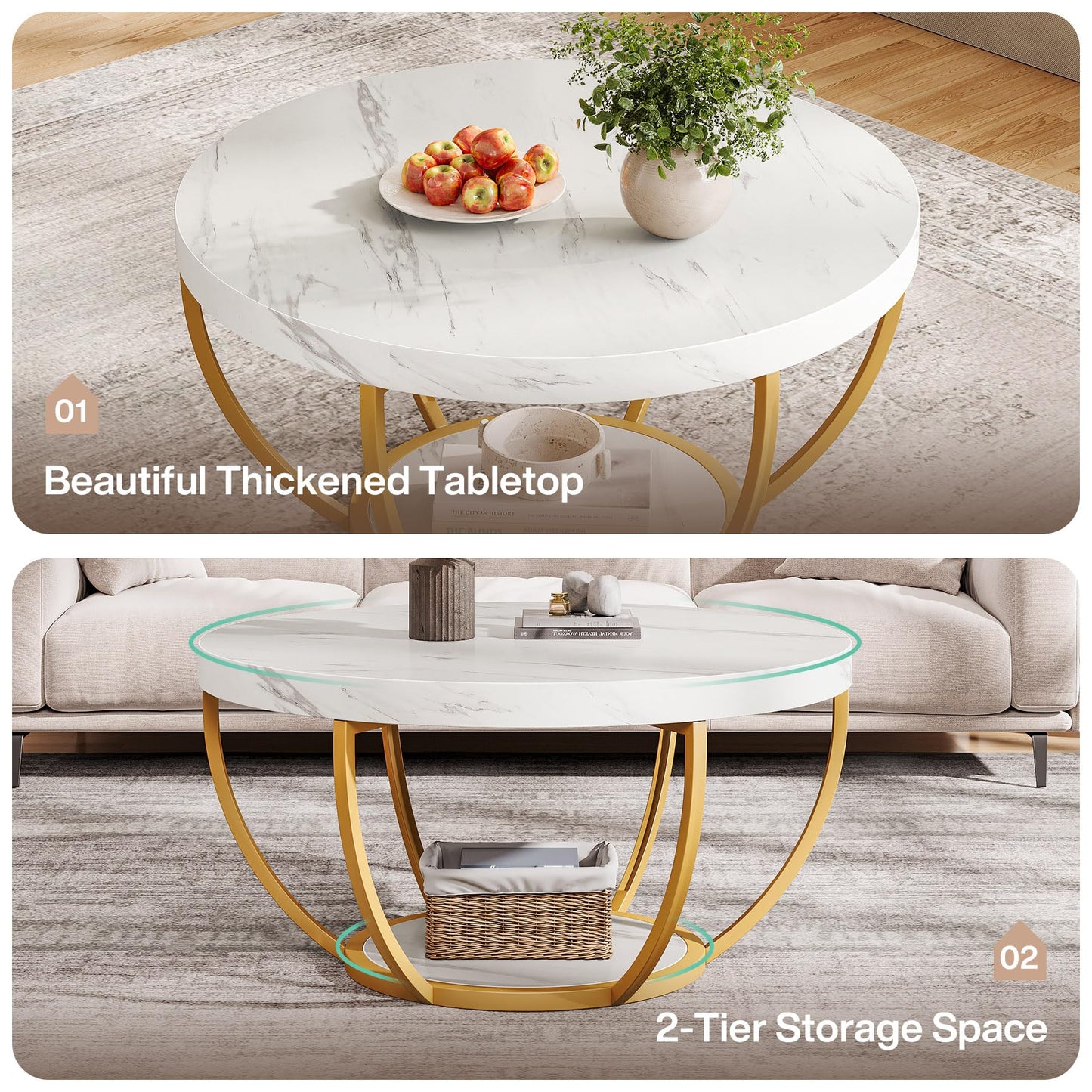 Tribesigns Round Coffee Table, 31.7" Wooden 2-Tier Circle Coffee Table with Storage Shelves, Modern Accent Cocktail Table Center Table for Living Room, Grey