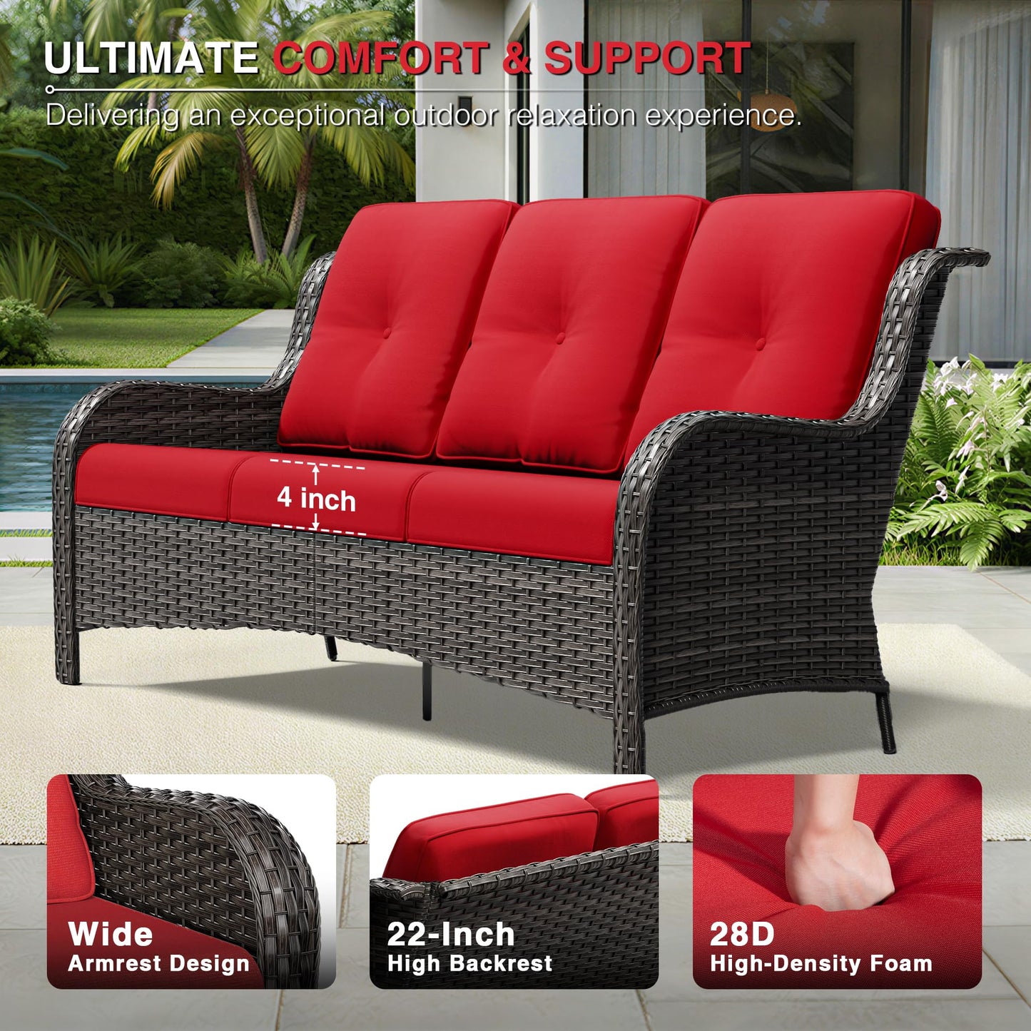 Joyside Outdoor Patio Couch, 3 Seater Outdoor Wicker Sofa with High Back, Deep Seating, Wide Armrest, Thickened Cushions, Patio Sofa for Deck, Porch Use