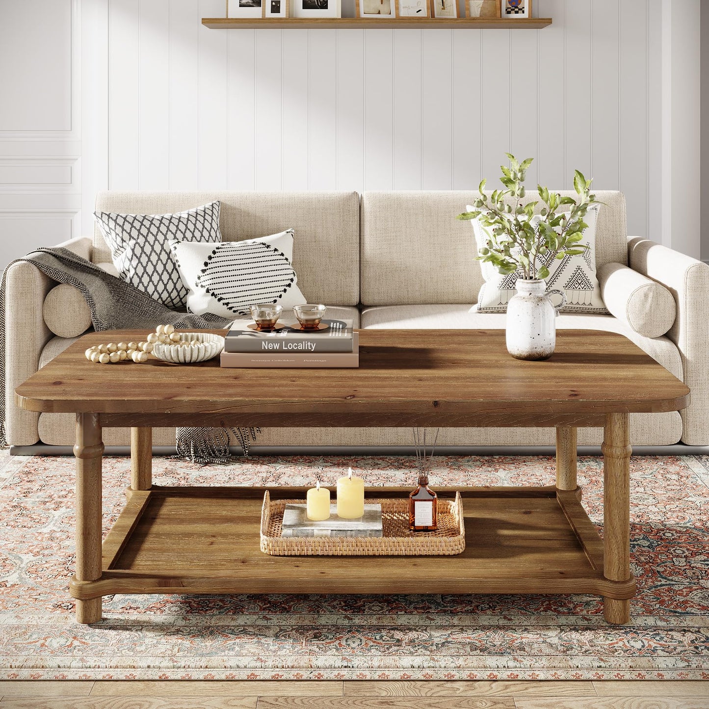 47" Rectangle Coffee Table, Solid Wood Center Table with 2-Tier Storage, Modern Farmhouse Coffee Furniture for Living Room, Home & Family Room, Light Brown