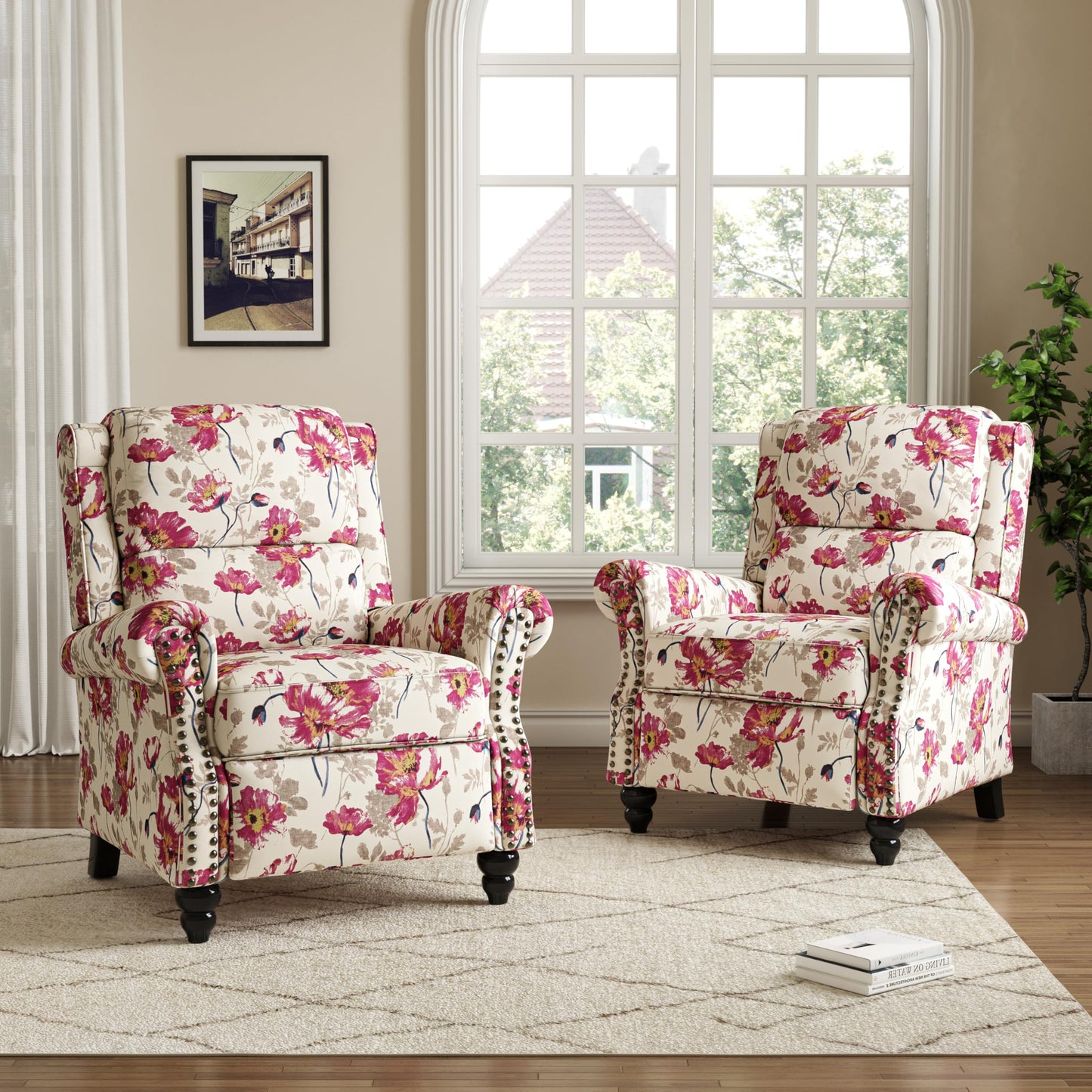 Pushback Recliner Chairs Set of 2, Comfy Fabric Wingback Recliner Chair, Upholstered Armchair Push Back Recliner with Wood Legs, Rivet Trim Accent Chair for Living Room, Bedroom, Blue Stripe