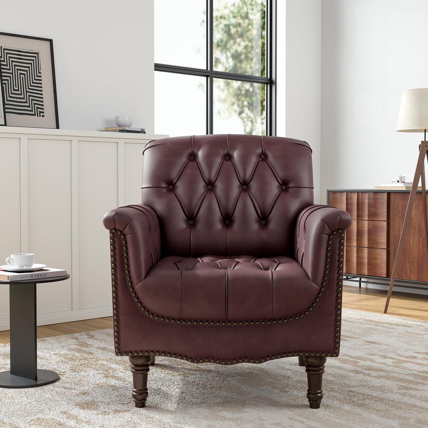 Faux Leather Club Chair, Retro Upholstered Armchair Accent Chair with Solid Wood Legs & Nailhead Trim for Living Room, Bedroom, Reading Room, Camel