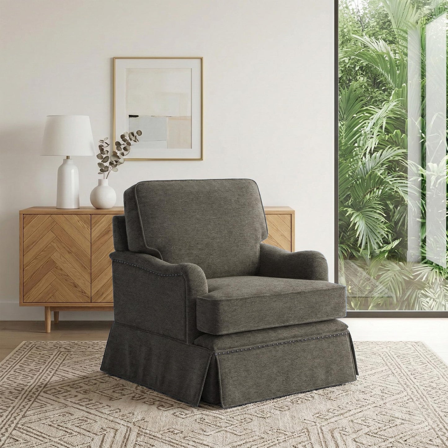 Swivel Accent Chair, 360° Swivel Upholstered Armchairs with Curved Arms, Comfy Chenille Fabric Lounge Reading Chairs for Living Room Bedroom Study, Metal Swivel Base, Tan