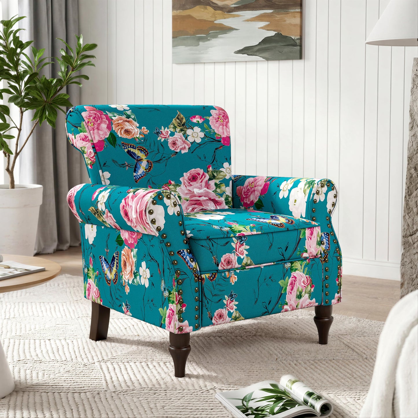 Wingback Accent Chairs Set of 2, Mid-Century Modern Upholstered Armchair Living Room Chair with Nailhead Trim & Rolled Armrest, Comfy Lounge Chair Single Sofa Chair for Bedroom, Light Blue
