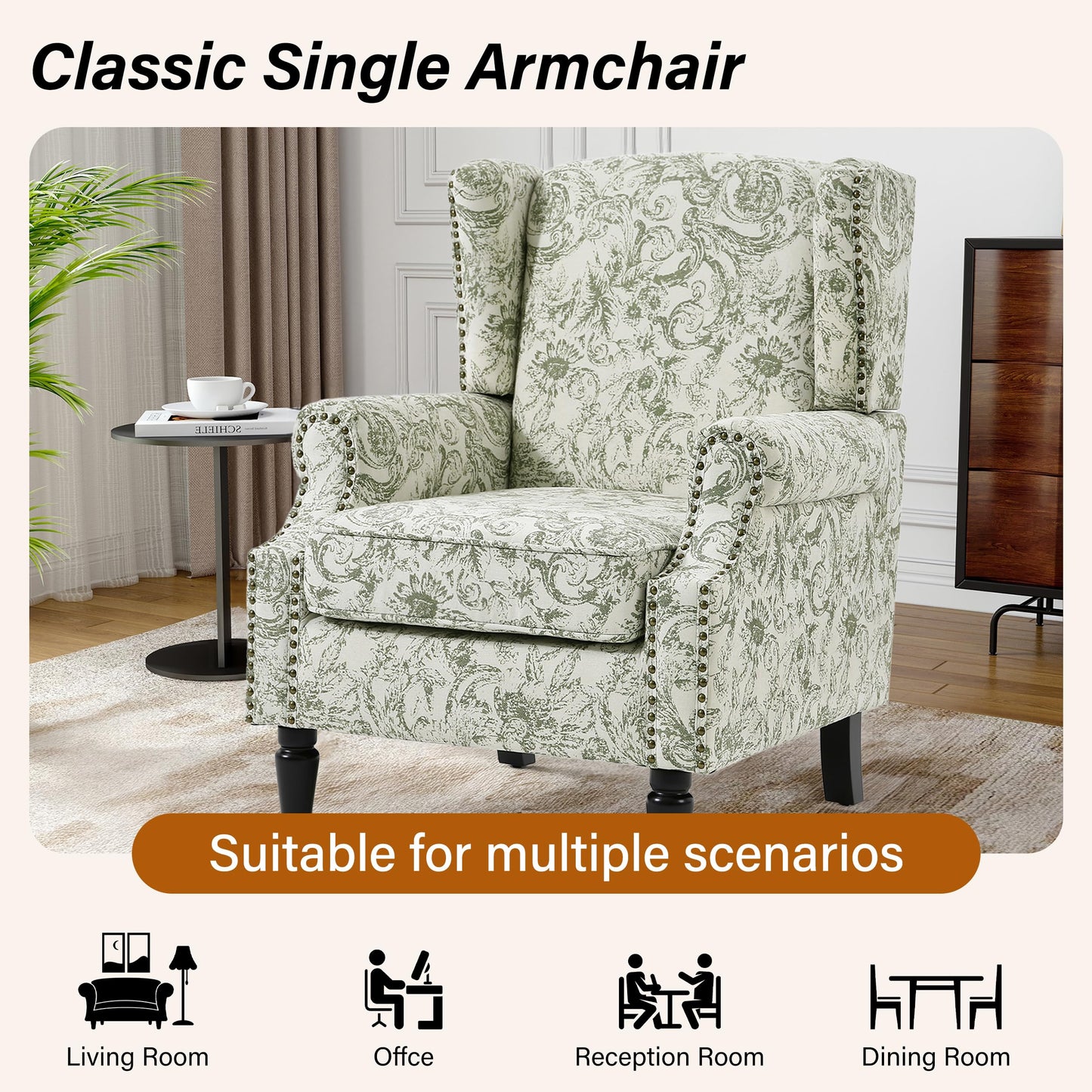 Floral Wingback Accent Chair, High Back Upholstered Armchair, Comfy Fabric Wingback Arms Chairs with Solid Wood Legs, Single Sofa Reading Chair for Bedroom Living Room, Beige