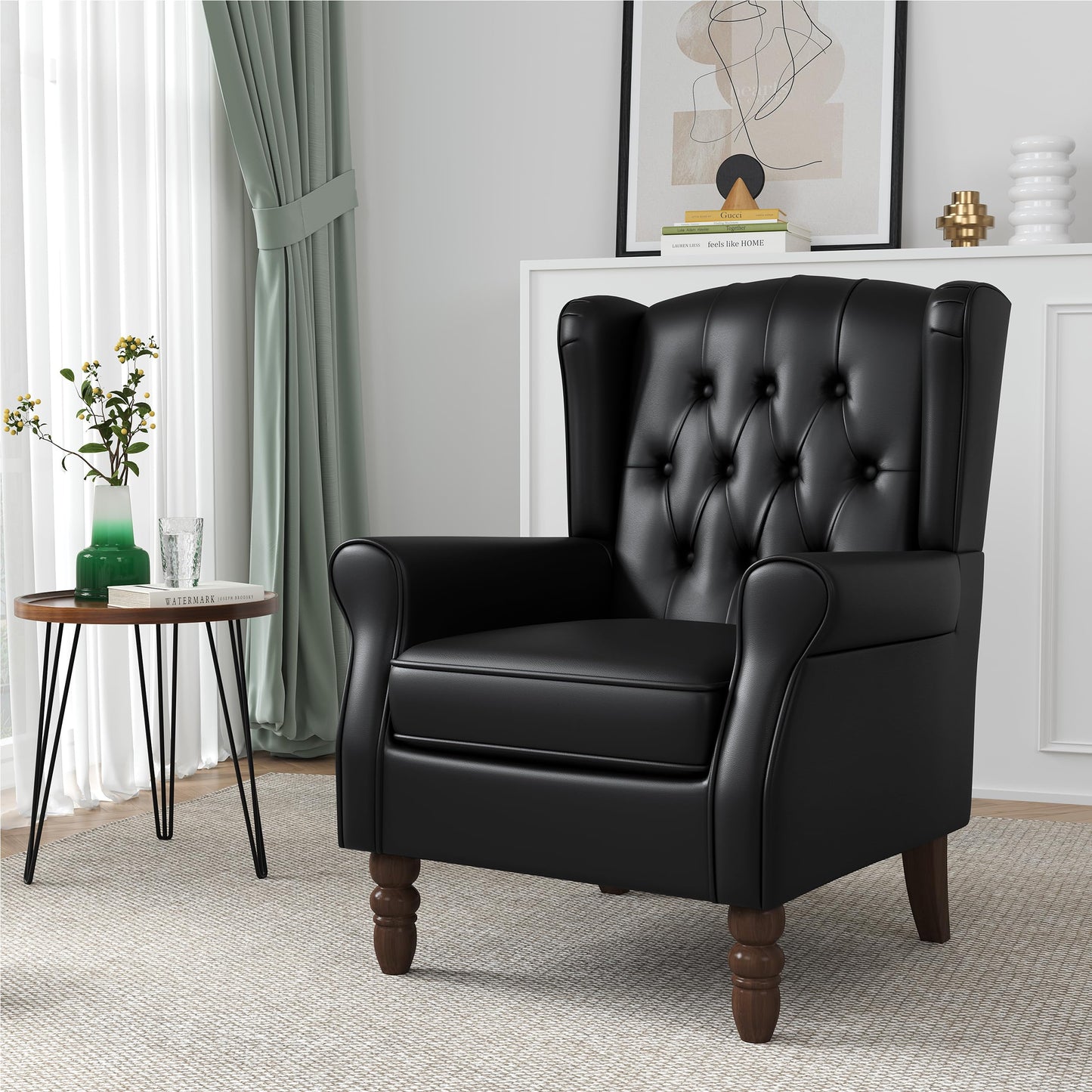 Faux Leather Wingback Chairs Set of 2, High Back Accent Chair for Living Room, Button-Tufted Upholstered Armchair with Solid Wood Legs, Comfy Reading Chair for Bedroom, Brown