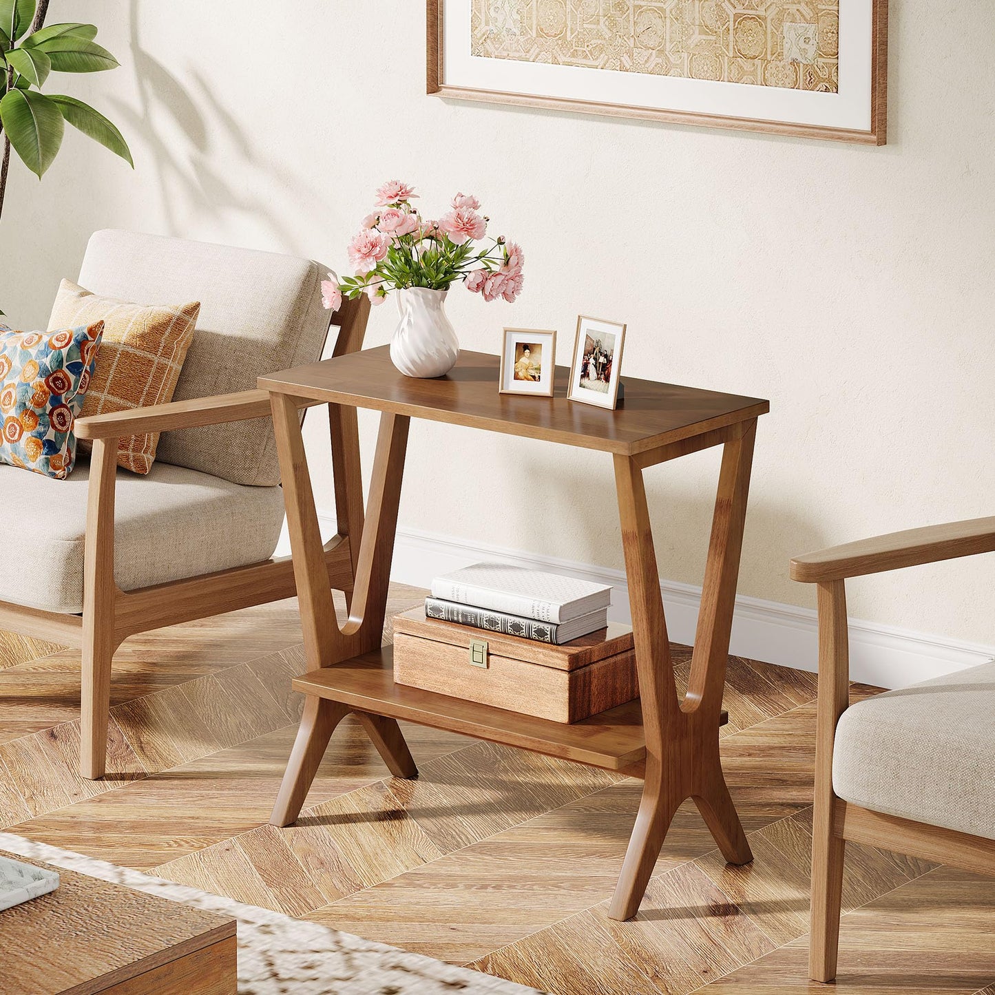 Solid Wood End Table for Living Room, 2-Tier Storage Shelves Sofa Couch Side Table with Sturdy Legs, Wooden Narrow Retro Nightstand for Small Spaces, Bedroom, Apartment