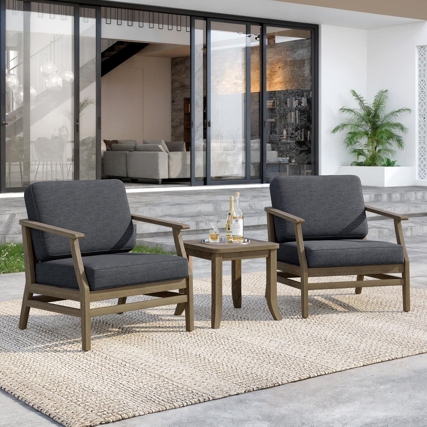 Outdoor Patio Armchairs, 2 Pieces Solid Wood Patio Furniture Sets with Washable Thick Cushions, All-Weather Outdoor Sofa Chairs for Backyard, Garden, Poolside, Natural Frame & Dark Gray Cushion
