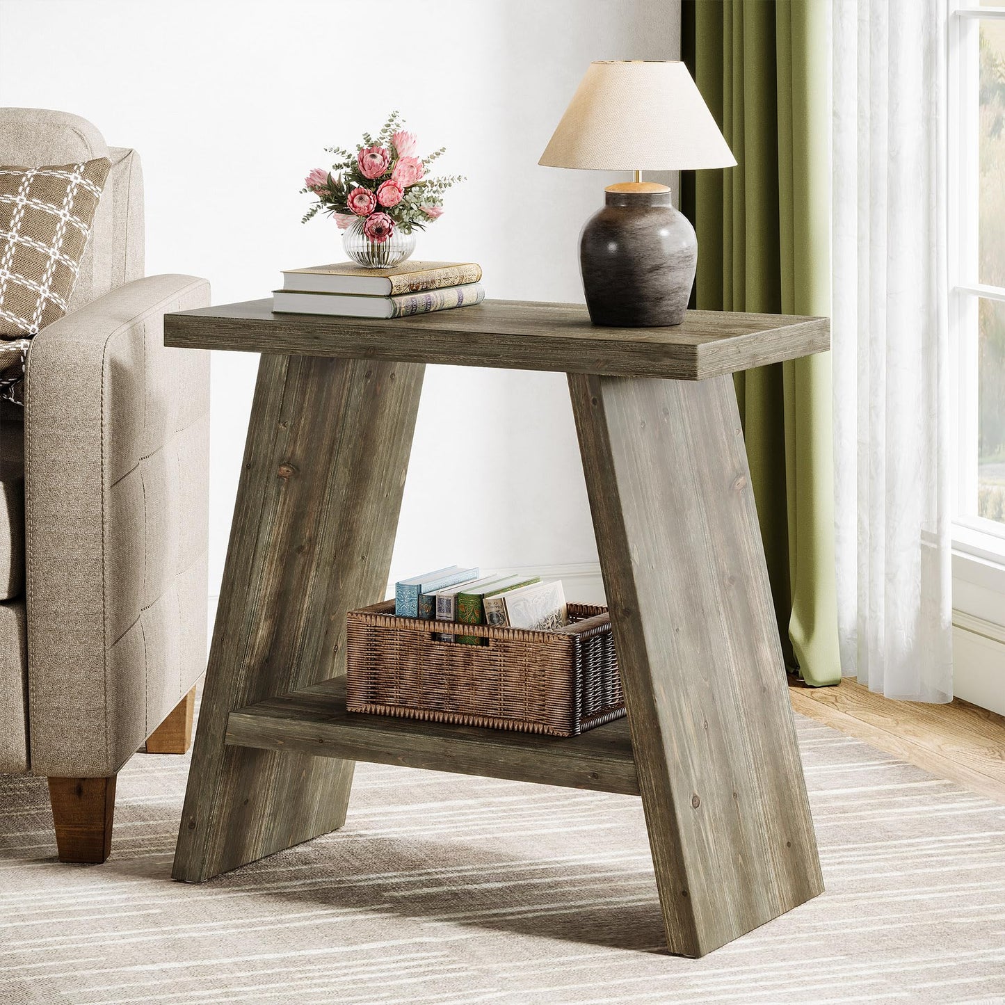 Solid Wood End Table for Living Room, Narrow Small Side Table with 2-Tier Storage, Farmhouse Bedside Nightstand for Bedroom, Small Places, Rustic Brown (1PCS)