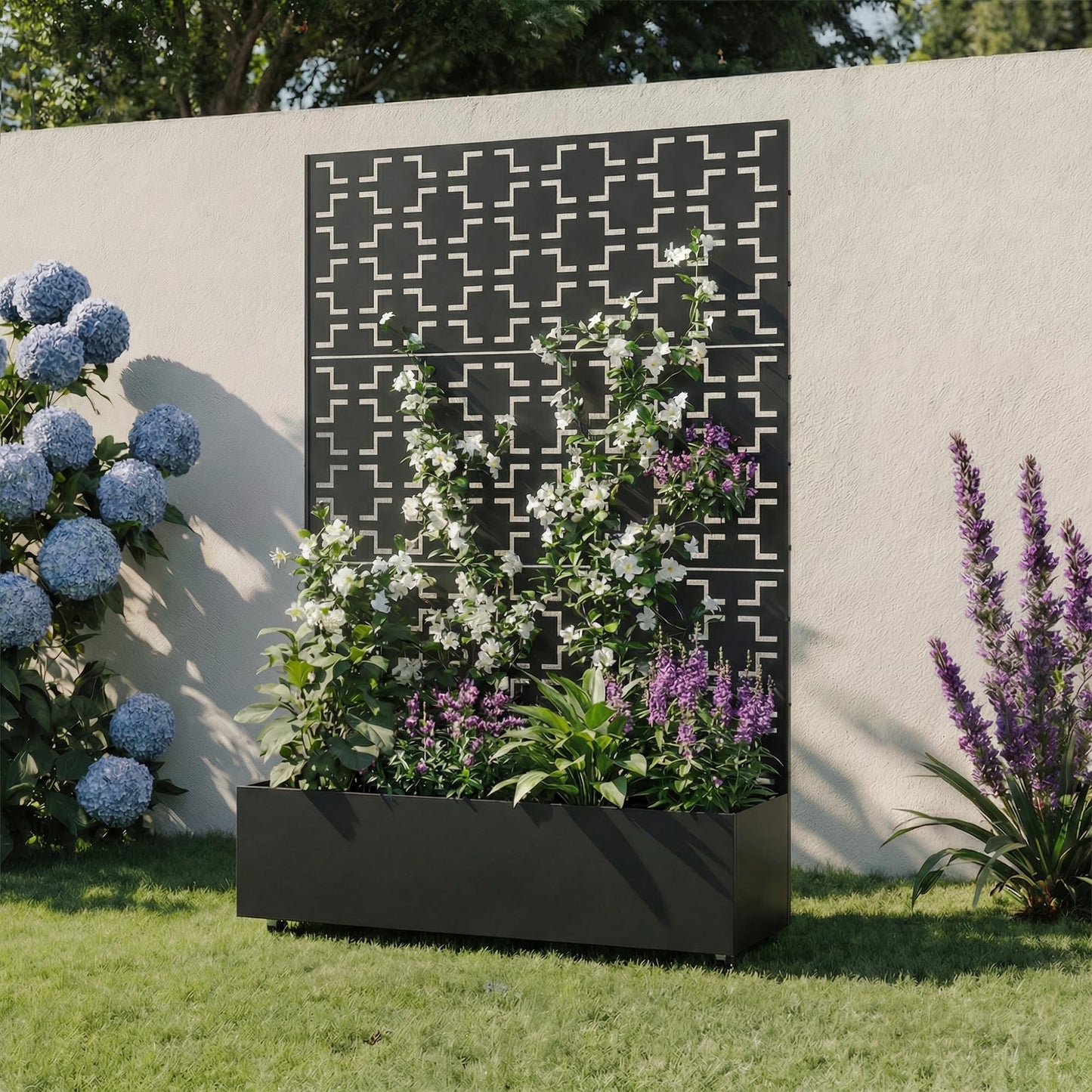 Metal Raised Garden Bed with Trellis and Wheels, 71"x47"x16" Planter Box with Privacy Screen & Drainage Holes, Arched Outdoor Garden Bed for Climbing Plants, Vegetables, Flowers (Black-Square)