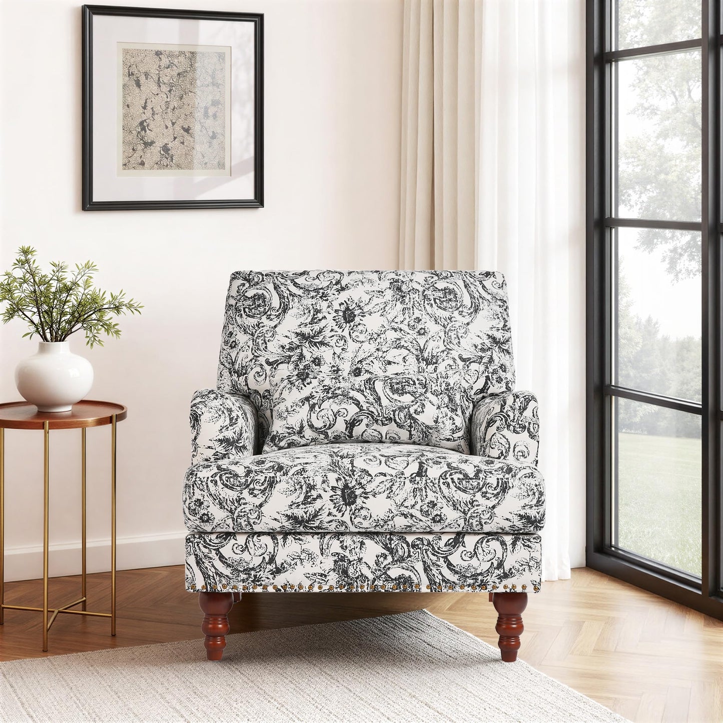Accent Chair for Living Room, Upholstered Armchair with Nailhead Trim & Solid Wood Legs, Mid Century Modern Club Chair for Bedroom/Reading Room, Rococo Green