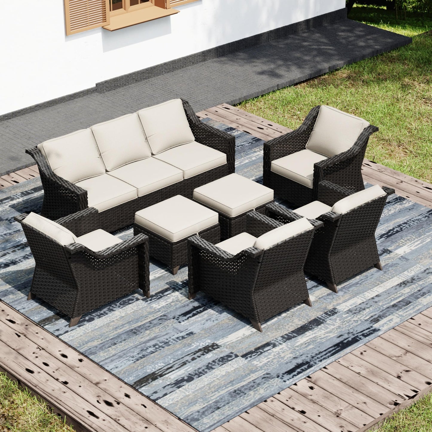 Joyside Patio Sofa - 3 Seater Rattan Sofa, All Weather High Back Sofa, Upgraded Large Size with 4inch Seat Cushions for Backyard, Garden, Poolside (Brown/Blue)