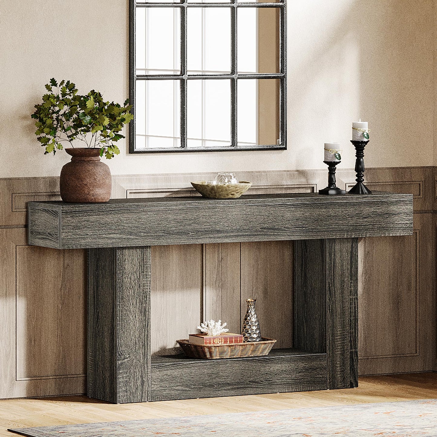 Tribesigns 63" Console Table, Farmhouse 2-Tier Entryway Table with U-Shaped Base, Narrow Long Wood Sofa Table Behind Couch Table for Living Room, Hallway, Foyer, Vintage Brown & Gray | Farmhouse