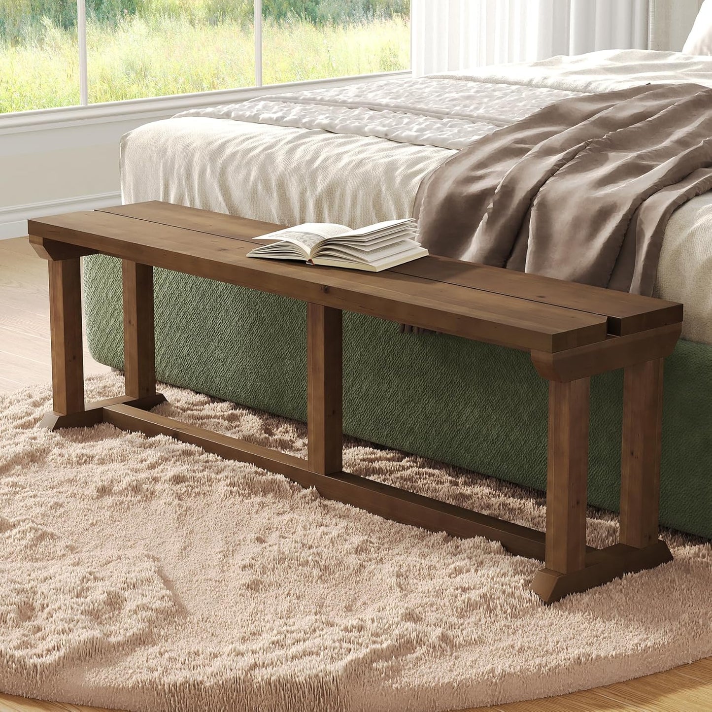 Solid Wood Shoe Bench, 59" Farmhouse Entryway Bench, Narrow Rustic Bed Seat for Bedroom, Entryway, Hallway, Living Room, Rustic Brown