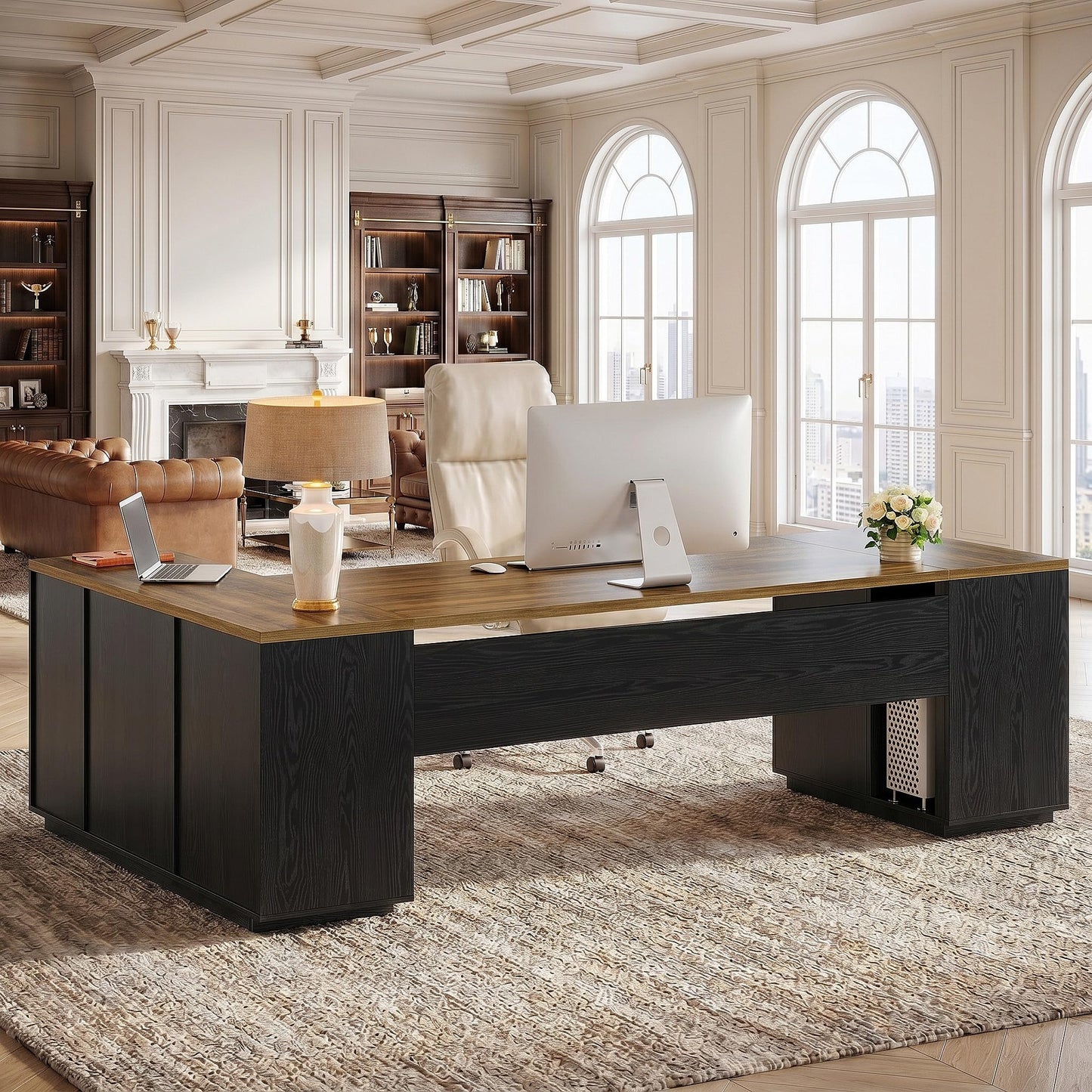Tribesigns 85.8-Inch L-Shaped Executive Desk with File Drawers, Door Cabinet & Shelves, Extra Large Commercial Office Desk, Modern Professional Office Table, Business Furniture, Warm Brown & Black