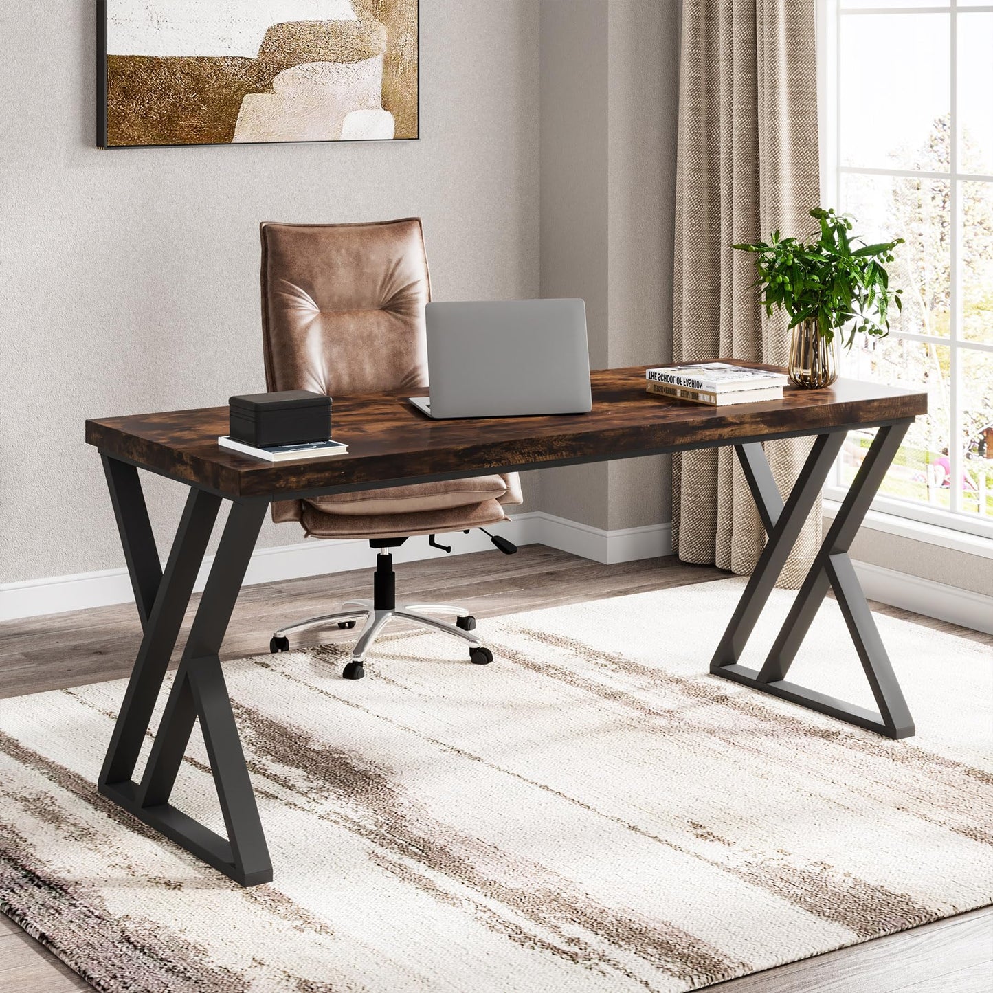 Tribesigns Modern Walnut/White 55" Heavy Duty Computer Desk, Study & Work Desk, 23.6"D x 55.1"W x 29.5"H, Z-Shaped Metal Legs, 330 lbs Capacity