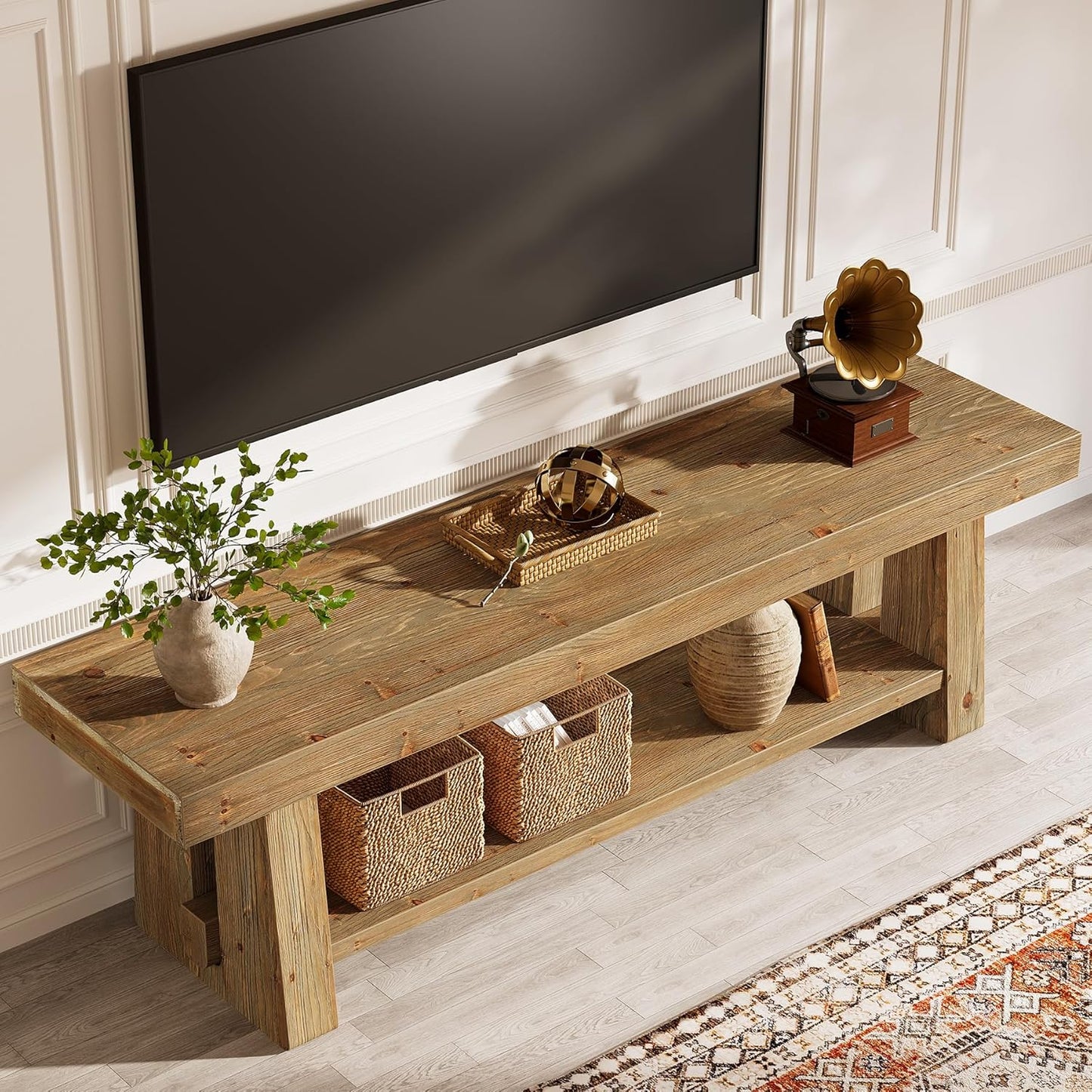 63-Inch Solid Wood TV Stand, 2-Tier Farmhouse Entertainment Center with Open Storage Shelves, TV Consoles for Living Room Bedroom, Wood Television Console for TVs up to 75 Inches