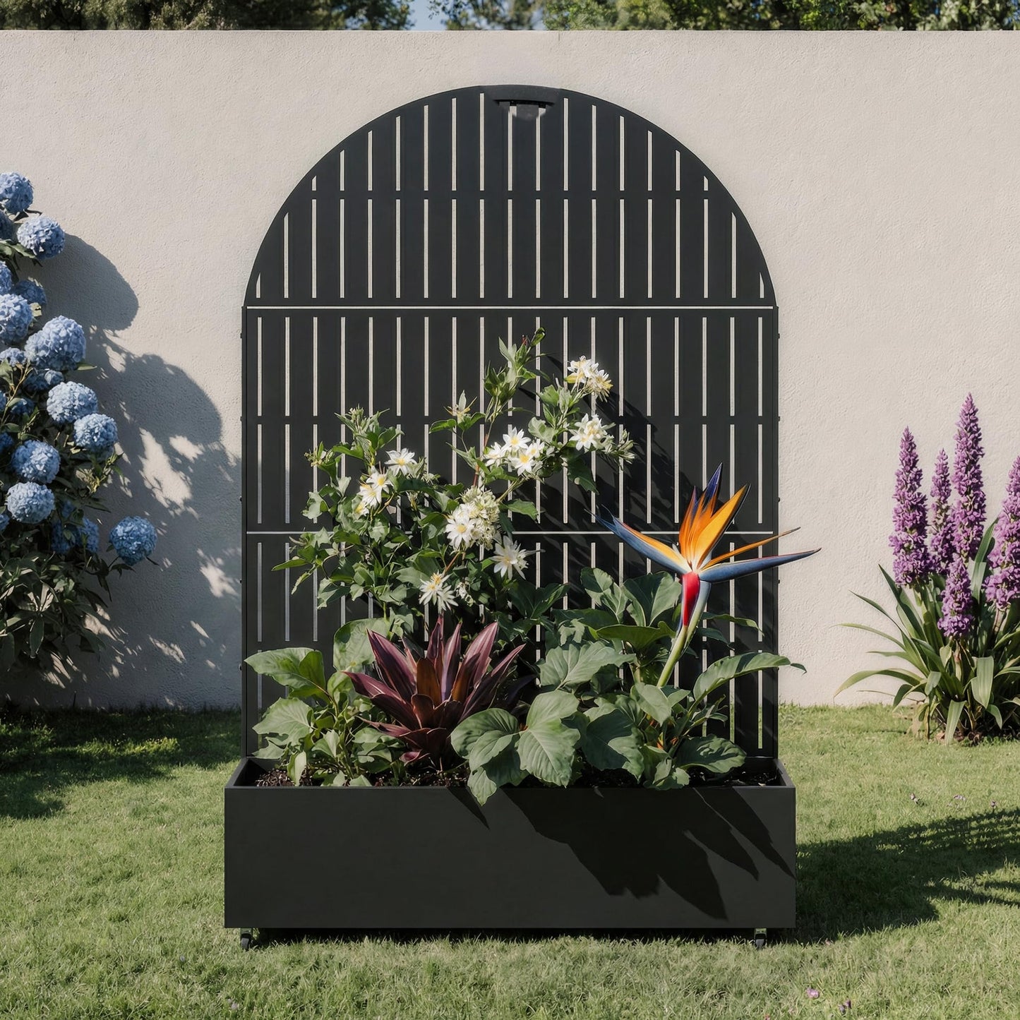 Metal Raised Garden Bed with Trellis and Wheels, 71"x47"x16" Planter Box with Privacy Screen & Drainage Holes, Arched Outdoor Garden Bed for Climbing Plants, Vegetables, Flowers (Black-Square)