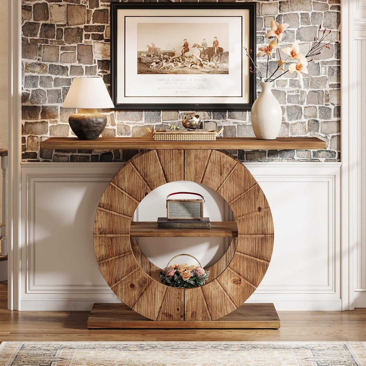 41" Solid Wood Console Table with Storage, Farmhouse Sofa Table with 3-Tier Shelves & Carved Circle Base for Living Room, Hallway, Foyer, Rustic Brown