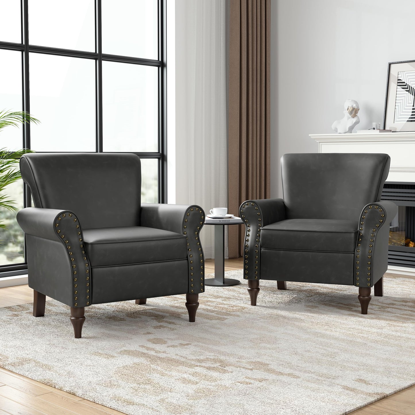 Wingback Accent Chairs Set of 2, Mid-Century Modern Upholstered Armchair Living Room Chair with Nailhead Trim & Rolled Armrest, Comfy Lounge Chair Single Sofa Chair for Bedroom, Light Blue