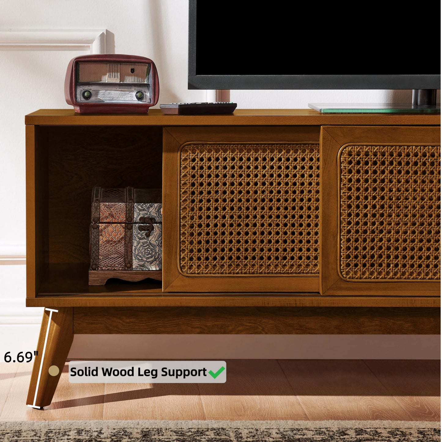 LKTART Mid Century Modern Rattan TV Stand for 65 Inch TV,59" Boho Media Console with Sliding Doors & Open Shelves,Solid Wood Legs for Living Room,Light Walnut