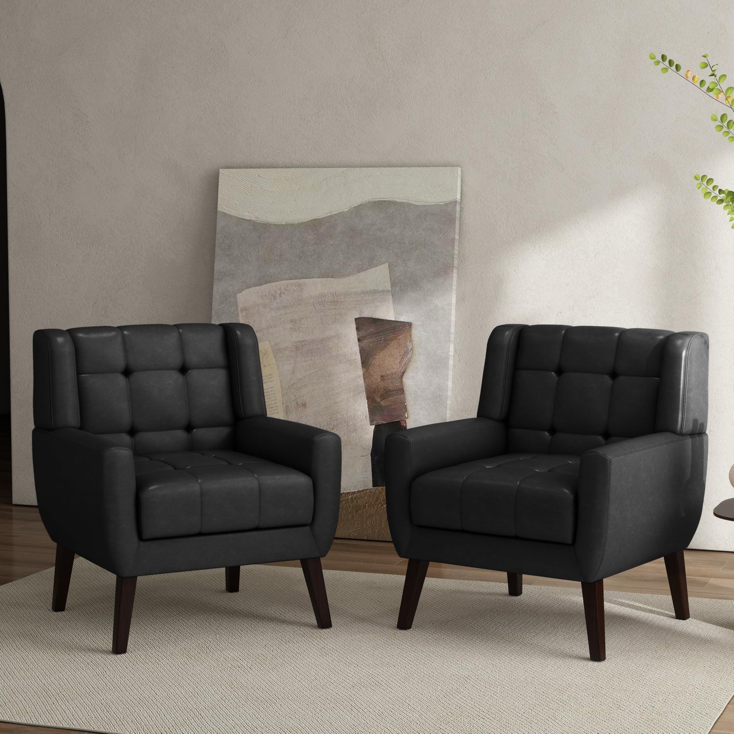 Faux Leather Accent Chairs Set of 2, Mid-Century Modern Upholstered Armchair, Comfy Living Room Chairs Reading Chairs with Button Tufted Back & Solid Wood Legs for Bedroom, Office, Black