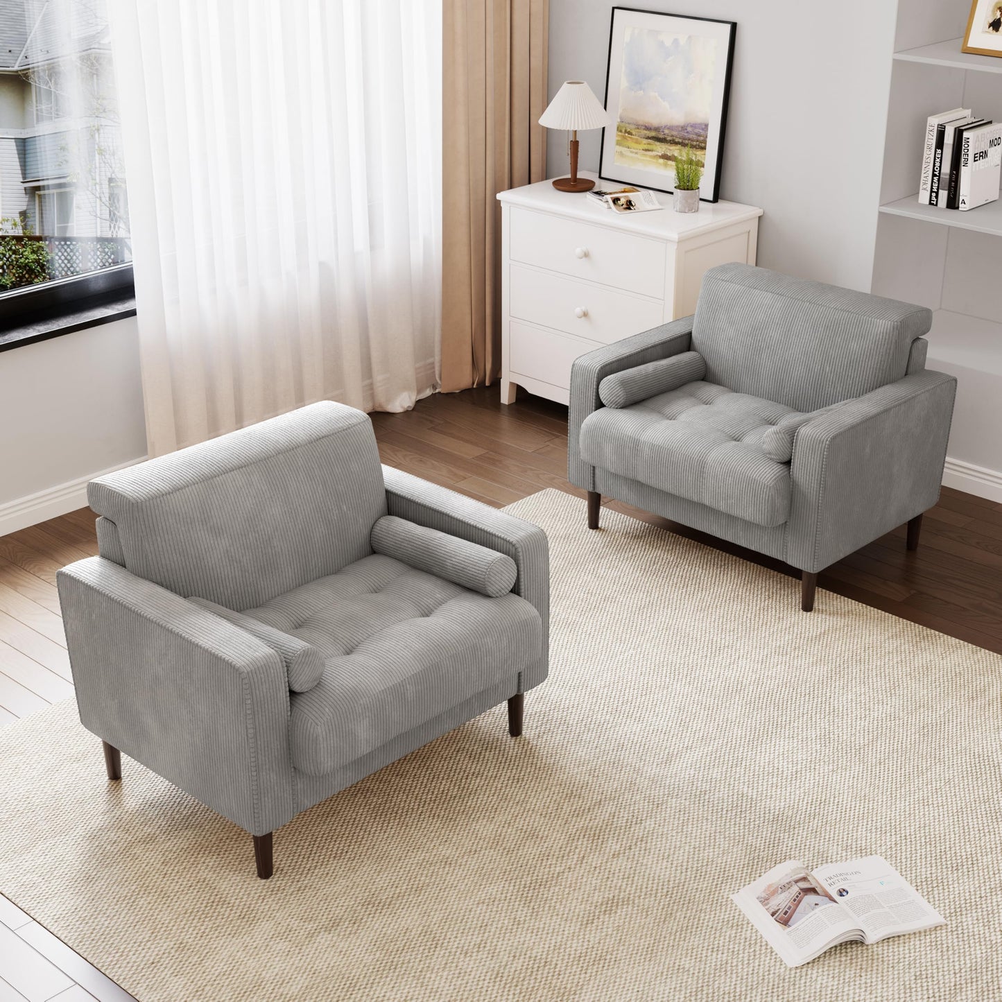 34.5" Arm Chair, Corduroy Fabric Modern Accent Chair, Comfy Upholstered Armchair Reading Chair with Solid Wood Legs for Living Room Bedroom Office, Yellow
