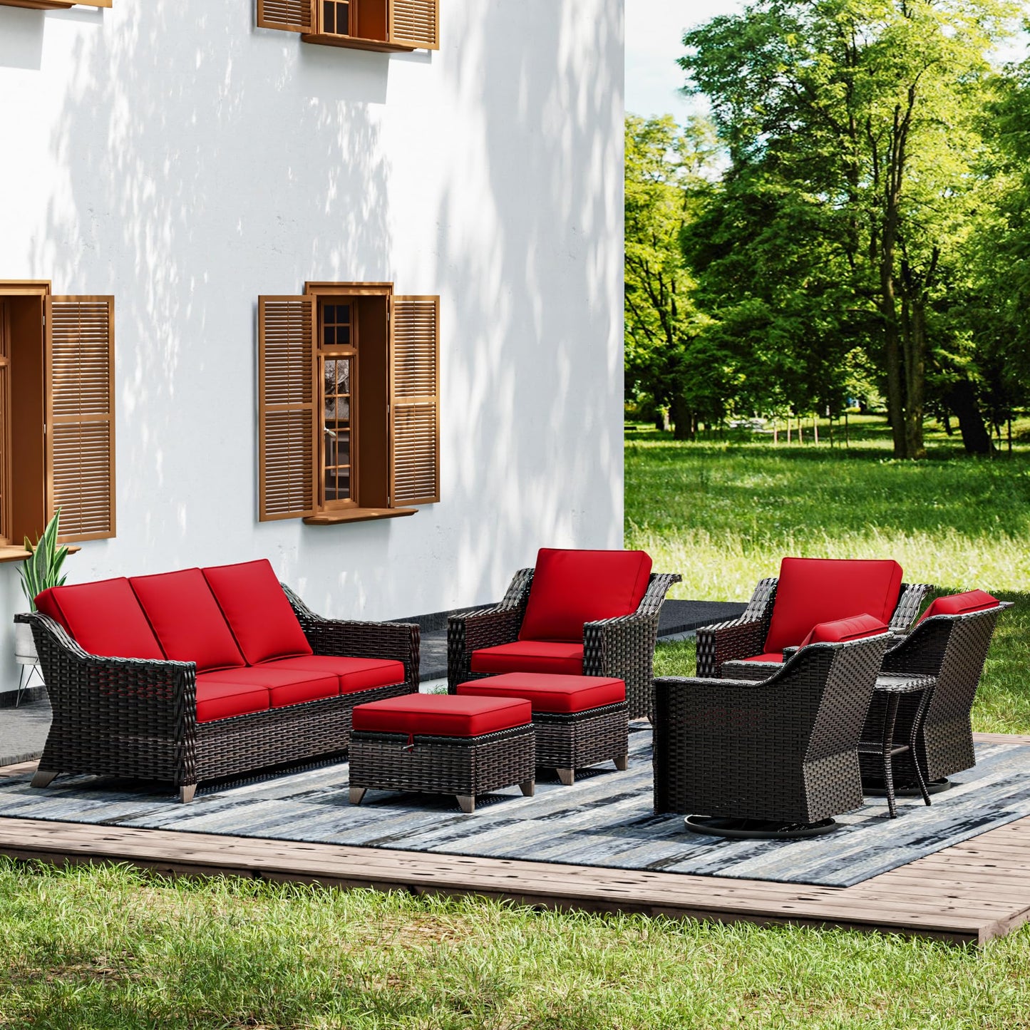 Joyside Patio Sofa - 3 Seater Rattan Sofa, All Weather High Back Sofa, Upgraded Large Size with 4inch Seat Cushions for Backyard, Garden, Poolside (Brown/Blue)