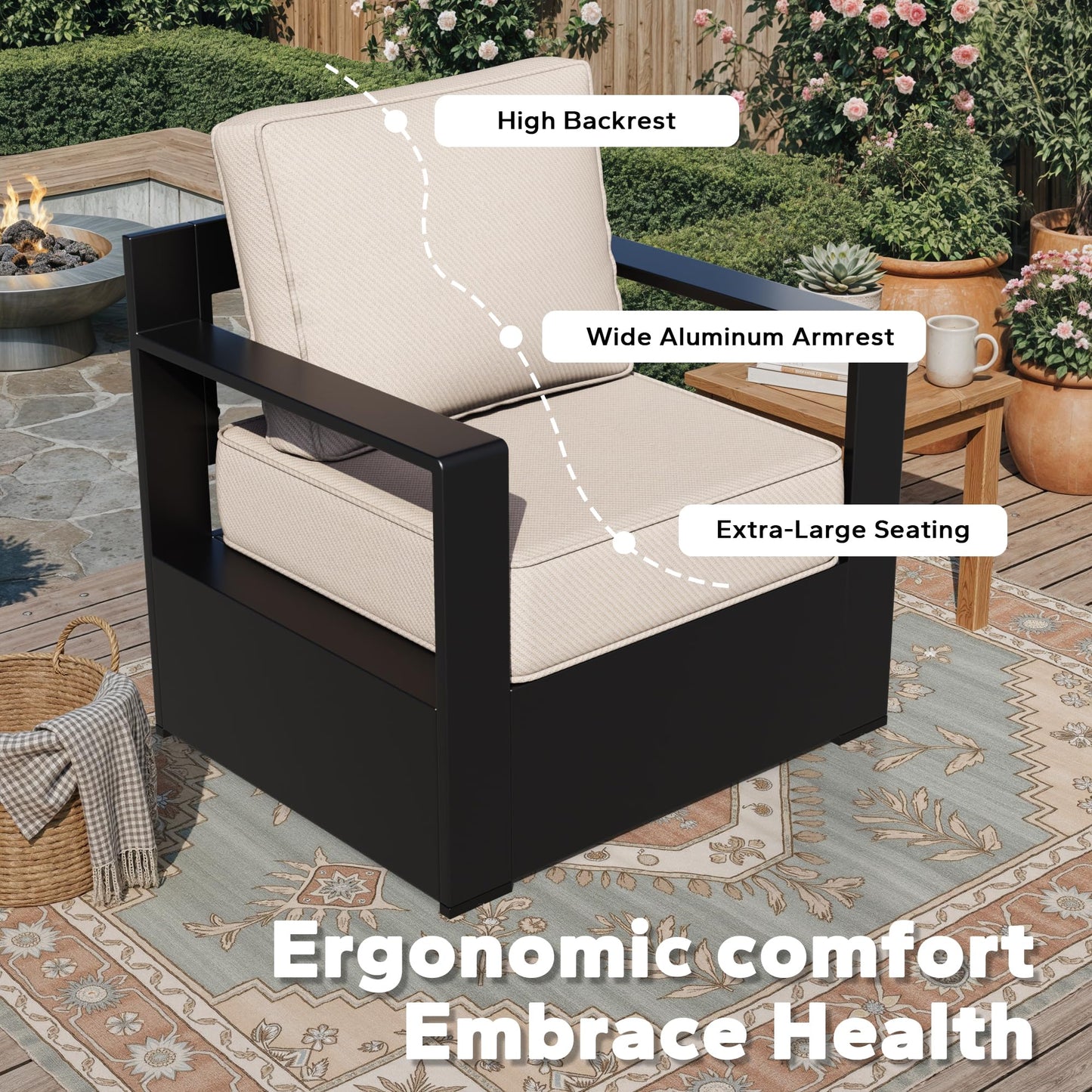 Aluminum Patio Swivel Chair - Outdoor Swivel Rocking Chair with 6" Thick Removable Cushions, All-Weather Metal Frame, Deep Setting for Garden, Poolside and Porch
