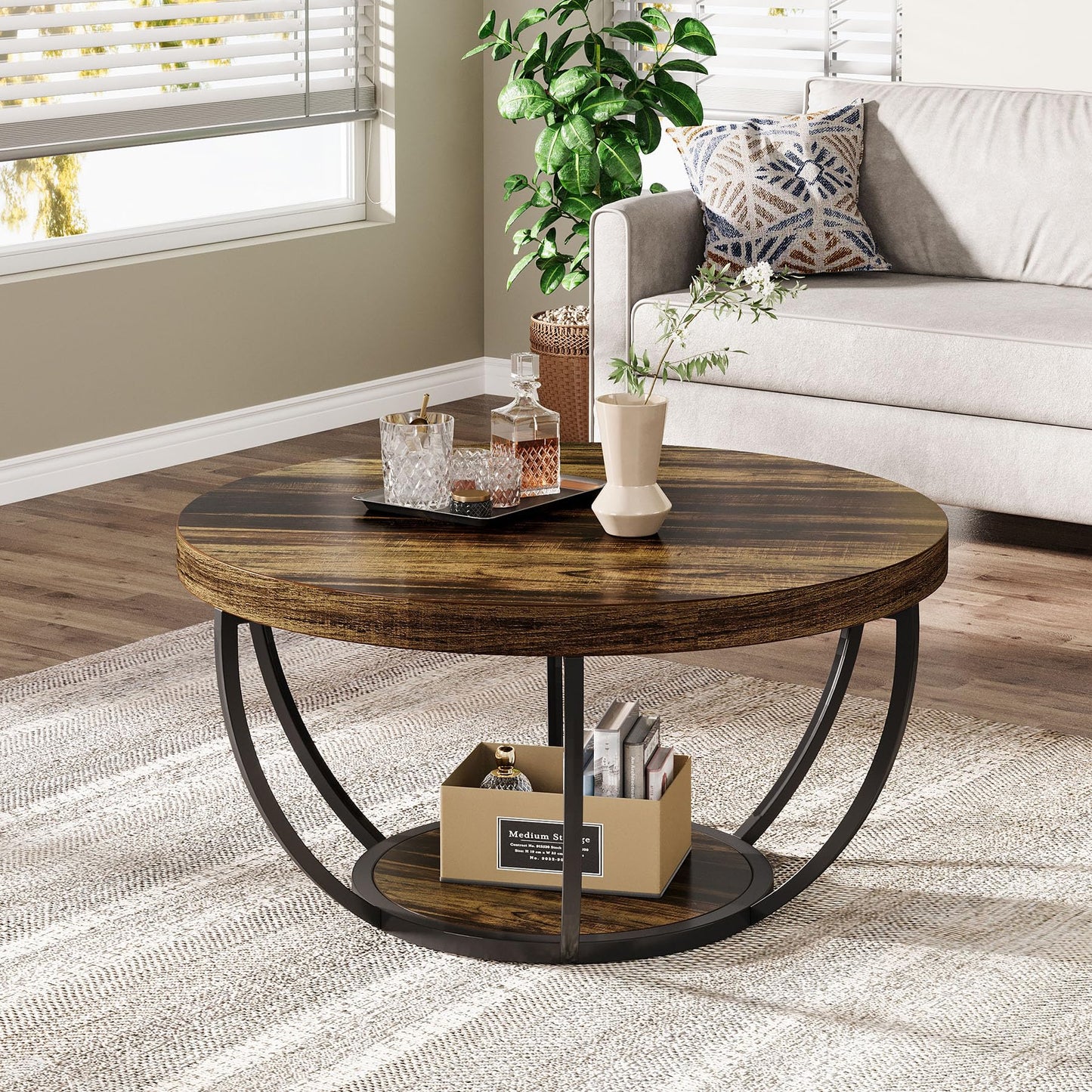 Tribesigns Round Coffee Table, 31.7" Wooden 2-Tier Circle Coffee Table with Storage Shelves, Modern Accent Cocktail Table Center Table for Living Room, Grey