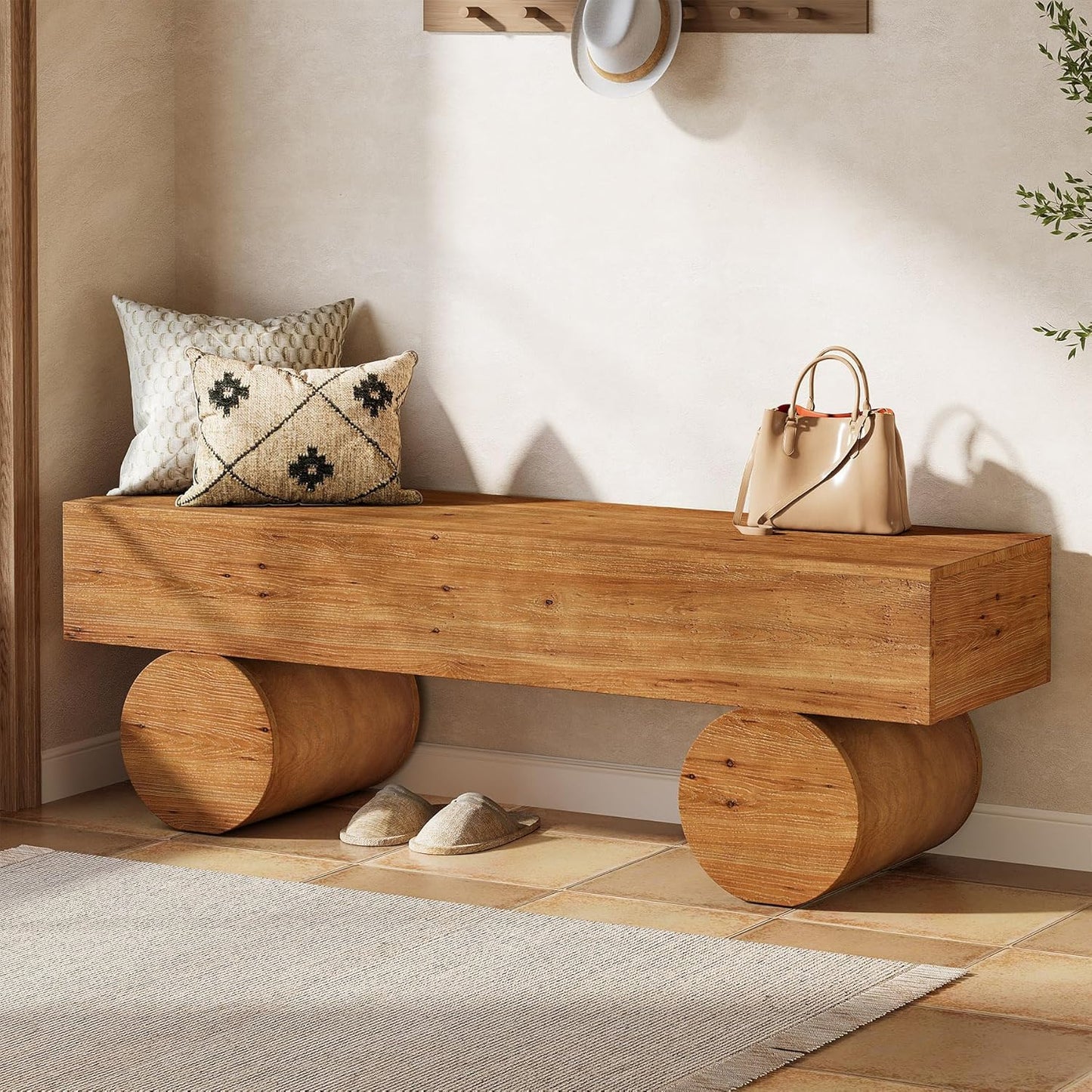 Solid Wood Entryway Bench, 59" Farmhouse Indoor Long End of Bed Bench with Thickened Seat & Cylindrical Legs, Narrow Shoe Bench Seat for Entry, Living Room, Bedroom, Easy Assembly, Brown