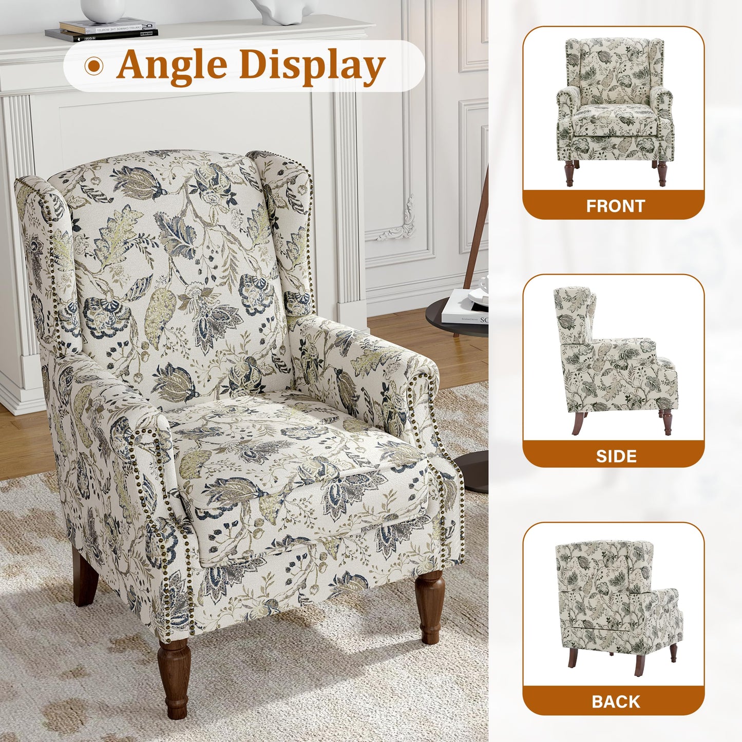 Floral Wingback Accent Chair, High Back Upholstered Armchair, Comfy Fabric Wingback Arms Chairs with Solid Wood Legs, Single Sofa Reading Chair for Bedroom Living Room, Beige