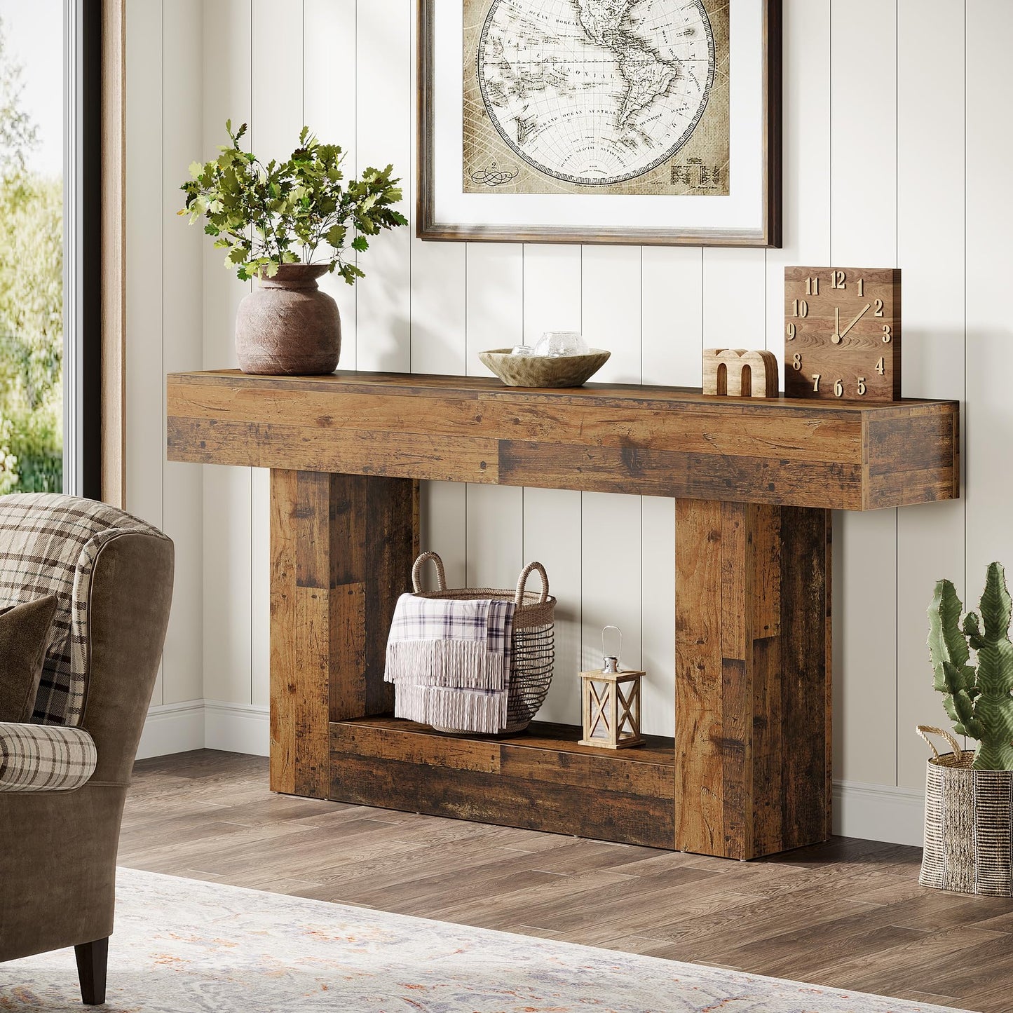 Tribesigns 63" Console Table, Farmhouse 2-Tier Entryway Table with U-Shaped Base, Narrow Long Wood Sofa Table Behind Couch Table for Living Room, Hallway, Foyer, Vintage Brown & Gray | Farmhouse