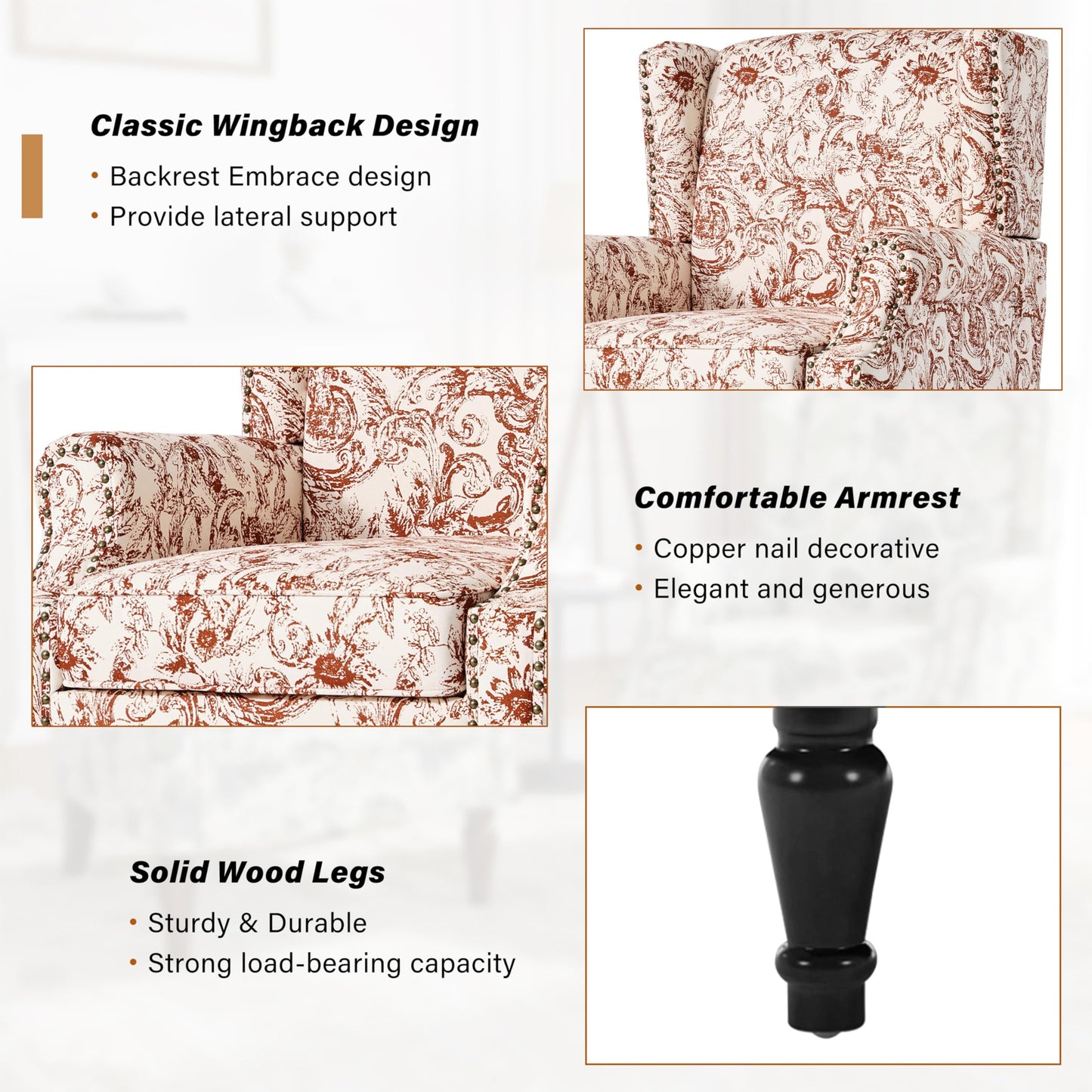 Floral Wingback Accent Chair, High Back Upholstered Armchair, Comfy Fabric Wingback Arms Chairs with Solid Wood Legs, Single Sofa Reading Chair for Bedroom Living Room, Beige