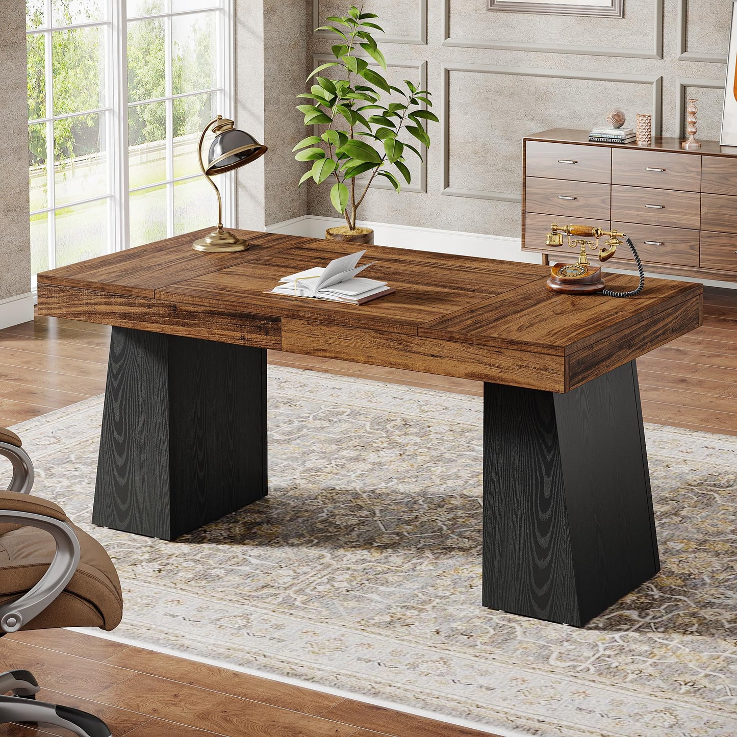 Tribesigns 55 Inches Executive Desk, Mid-Century Modern Home Office Desk, Wood MDF Computer Table Business Workstation Small Conference Table, Light Brown