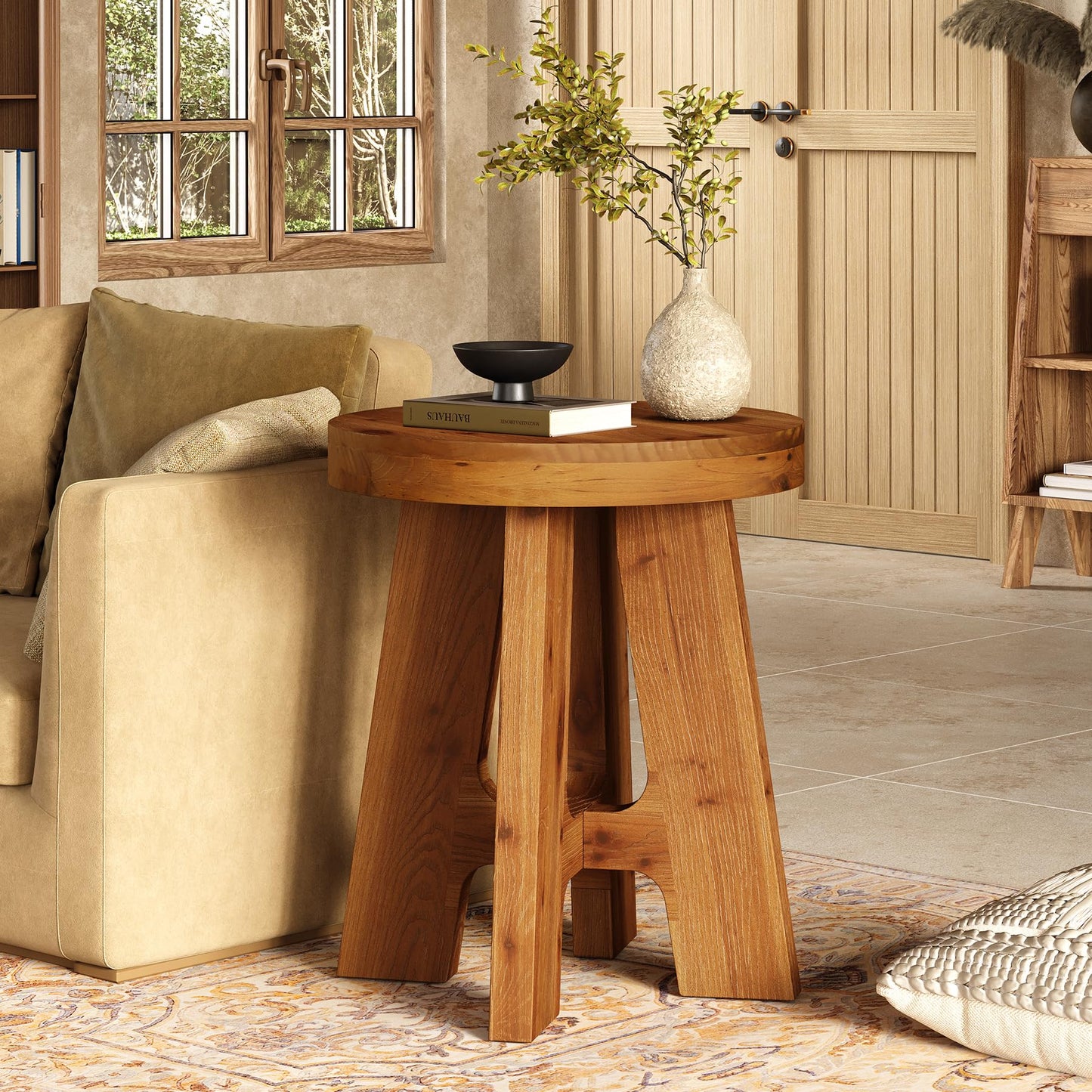 Set of 2 Round End Table, Farmhouse Solid Wood Side Table for Couch, Mid Century Modern Side Table with Heavy-Duty Leg, Wood Bedside Table for Bedroom, Small Spaces, Walnut