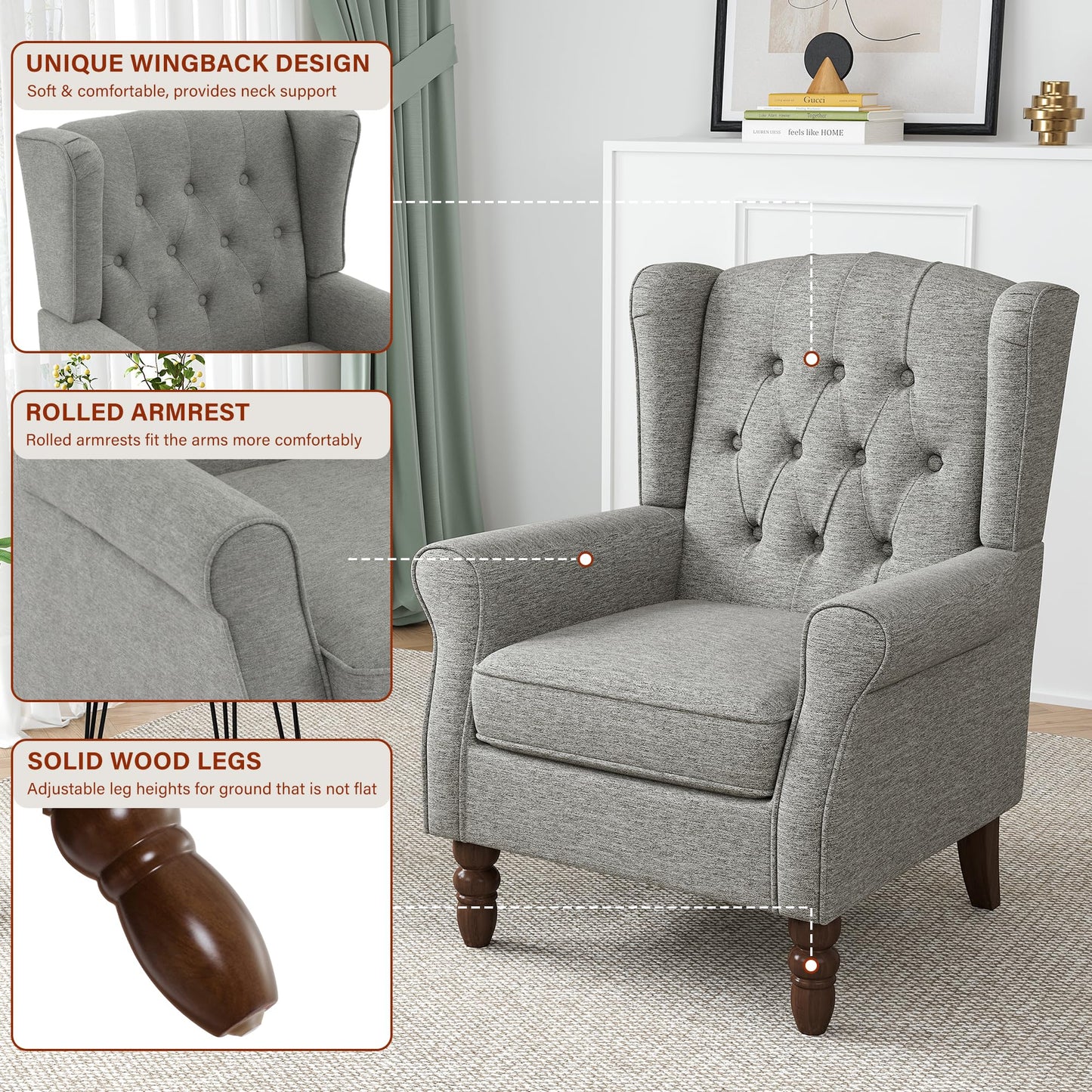 Faux Leather Wingback Chairs Set of 2, High Back Accent Chair for Living Room, Button-Tufted Upholstered Armchair with Solid Wood Legs, Comfy Reading Chair for Bedroom, Brown