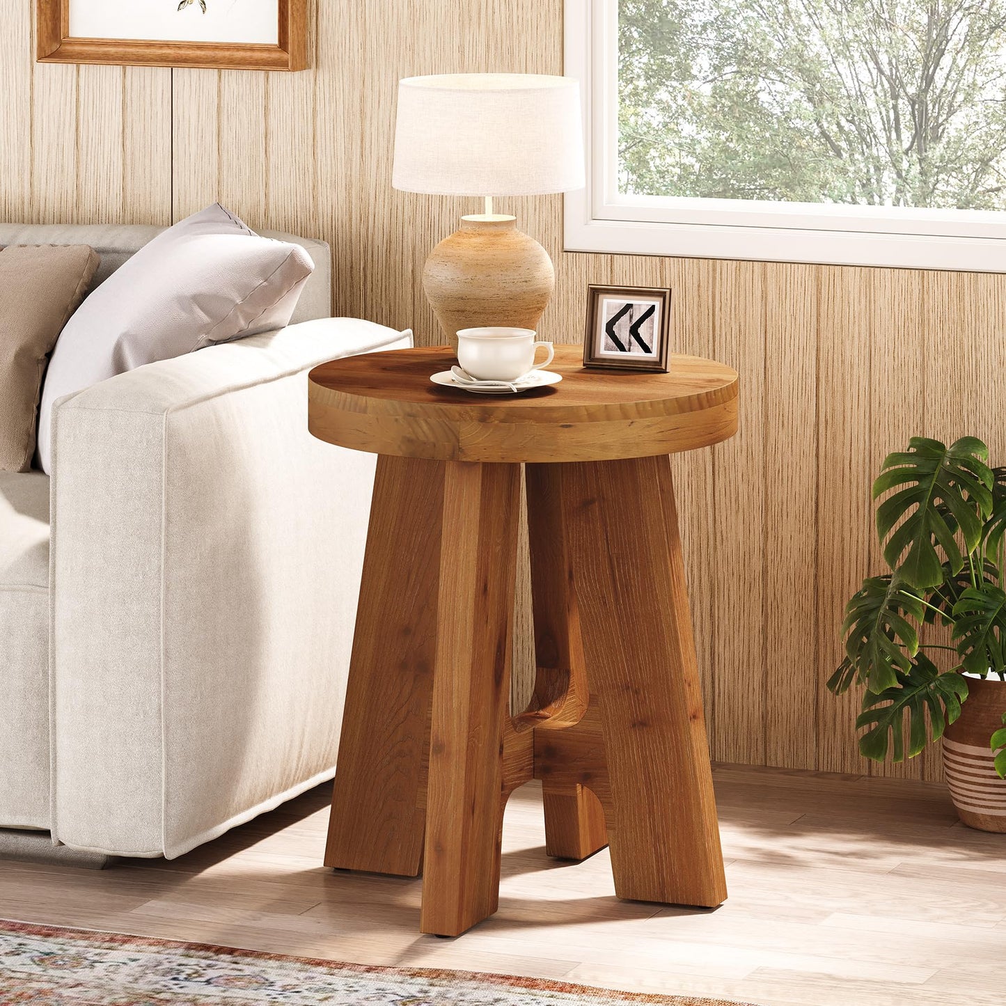 Set of 2 Round End Table, Farmhouse Solid Wood Side Table for Couch, Mid Century Modern Side Table with Heavy-Duty Leg, Wood Bedside Table for Bedroom, Small Spaces, Walnut
