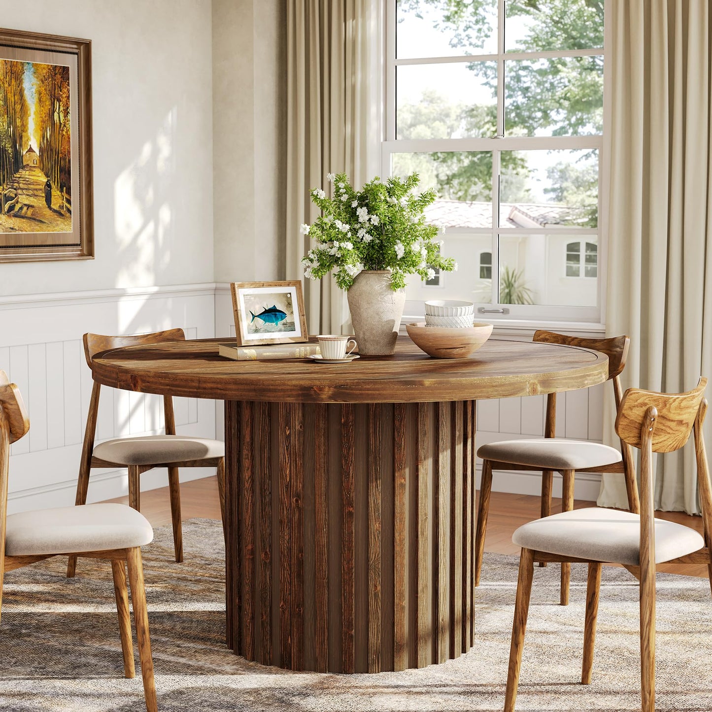 47" Solid Wood Dining Table for 4-6, Farmhouse Round Kitchen Table with Striped Pedestal Base, Circle Wooden Dining Room Furniture for Kitchen Living Room, Wood Tabletop+MDF Pedestal Base