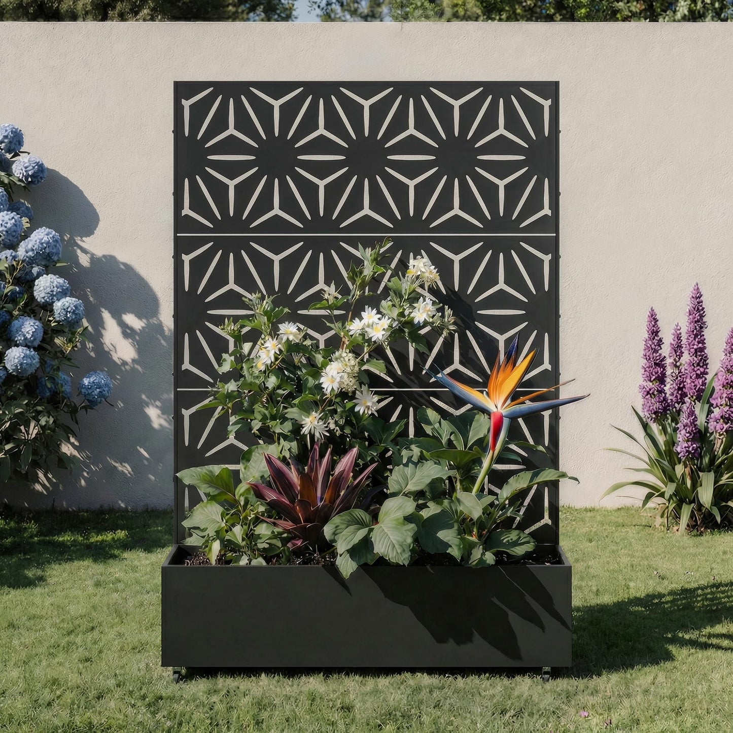 Metal Raised Garden Bed with Trellis and Wheels, 71"x47"x16" Planter Box with Privacy Screen & Drainage Holes, Arched Outdoor Garden Bed for Climbing Plants, Vegetables, Flowers (Black-Square)