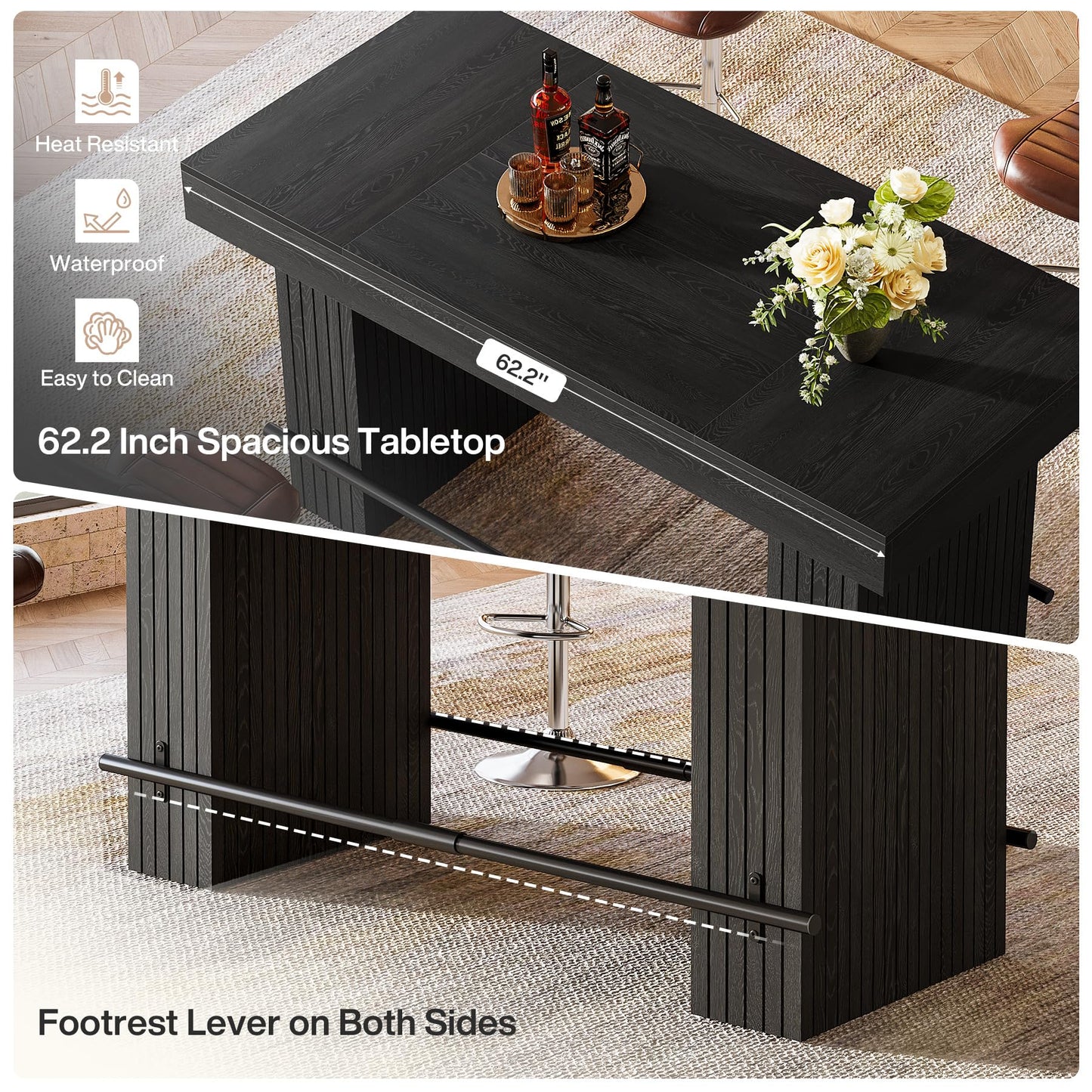 Tribesigns 62.2 Inch Bar Table, Industrial Counter Height Pub Dining Table, Rectangular Home Bar Units with Metal Footrest for Home Kitchen, Dining Room, Bistro, Brown and Dark Grey