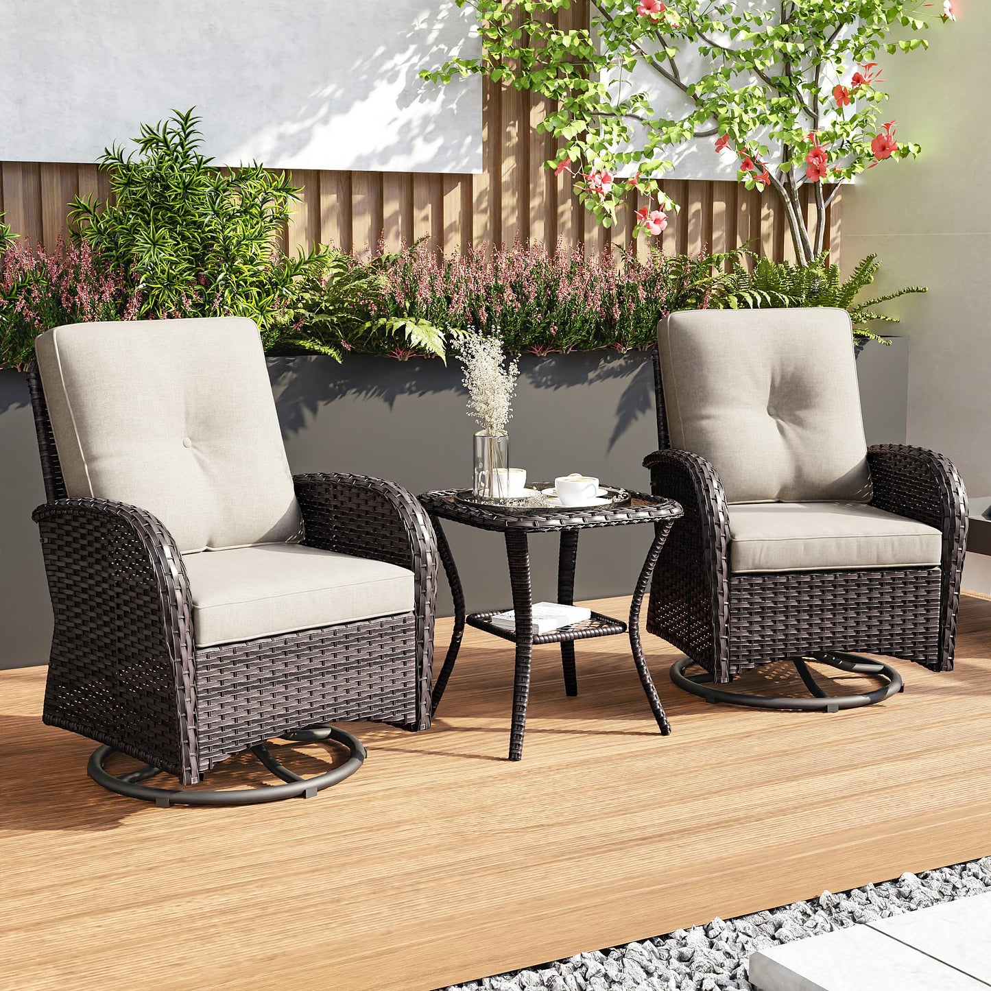 Joyside Patio Swivel Rocker Wicker Chairs - Outdoor Swivel Rocking Chairs Set of 2 with Wicker Side Table, Patio Swivel Rocker Chair 3 Piece Patio Furniture Sets for Porch Deck(Brown/Blue)